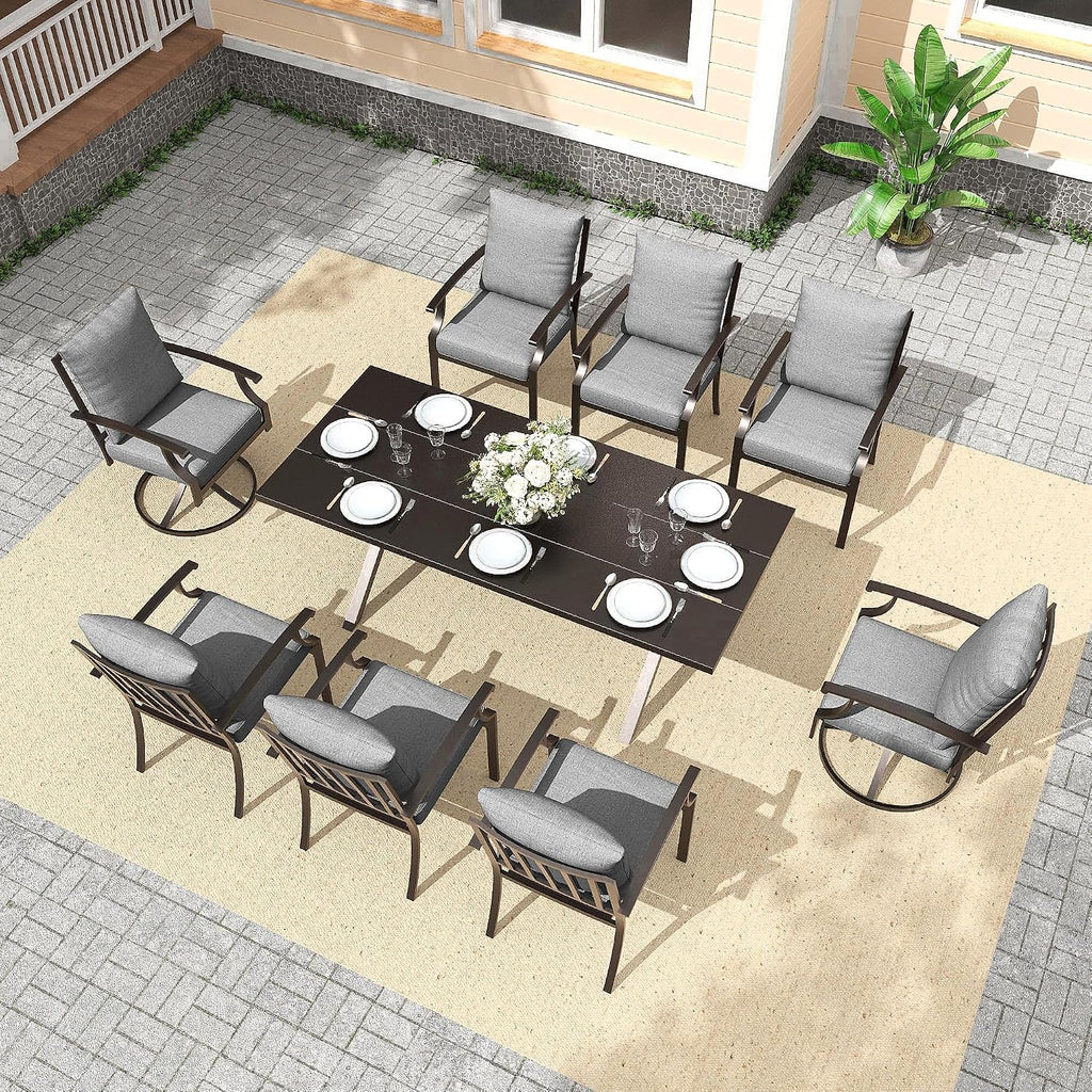Gotland 9 Piece Outdoor Dining Set, Metal Outdoor Table and Swivel Chairs with X-Shaped Legs 1.5' Umbrella Hole, Patio Furniture Set with Waterproof Cushions, Patio Dining Sets for Backyard Deck Gray
