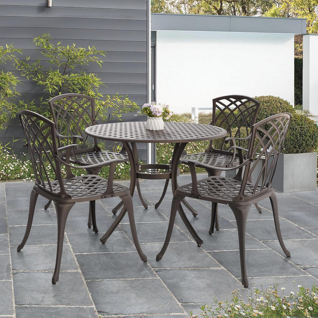 NUU GARDEN 5 Piece Patio Dining Set, 33' Round Cast Aluminum Dining Table with 1.97' Umbrella Hole and 4 Patio Dining Chairs for Backyard, Patio, Garden, Balcony, Brown with Gold Point