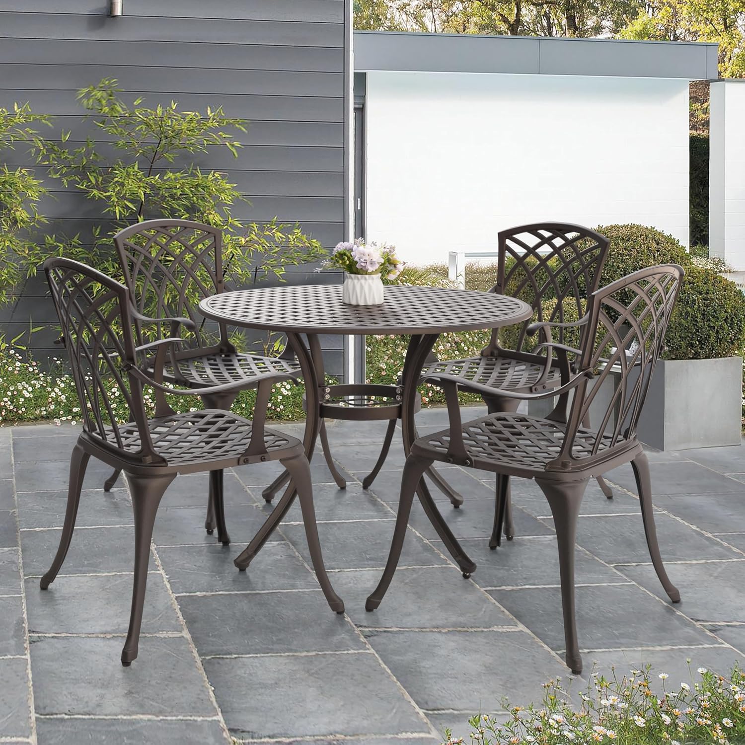 NUU GARDEN 5 Piece Patio Dining Set, 33' Round Cast Aluminum Dining Table with 1.97' Umbrella Hole and 4 Patio Dining Chairs for Backyard, Patio, Garden, Balcony, Brown with Gold Point