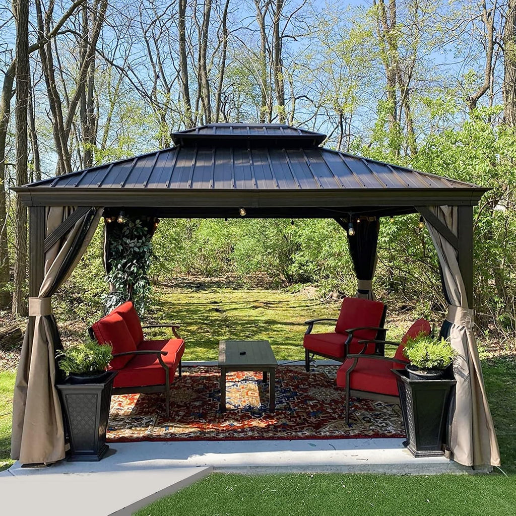 Domi Hardtop Gazebo 10x12FT, Outdoor Gazebo with Galvanized Steel Double Roof, Aluminum Frame, Built-in Gutter System, Curtain and Netting, Metal Gazebo Pavilion for Patio Deck Garden, Brown