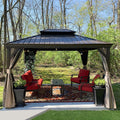 Domi Hardtop Gazebo 10x12FT, Outdoor Gazebo with Galvanized Steel Double Roof, Aluminum Frame, Built-in Gutter System, Curtain and Netting, Metal Gazebo Pavilion for Patio Deck Garden, Brown