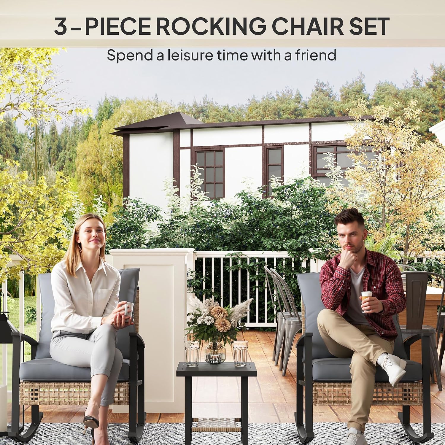 Outsunny 3 Pieces Rocking Wicker Outdoor Bistro Set, Rattan Patio Furniture Set with Coffee Table and Porch Chairs, Button Tufted Cushions for Backyard, Balcony, Garden, Gray