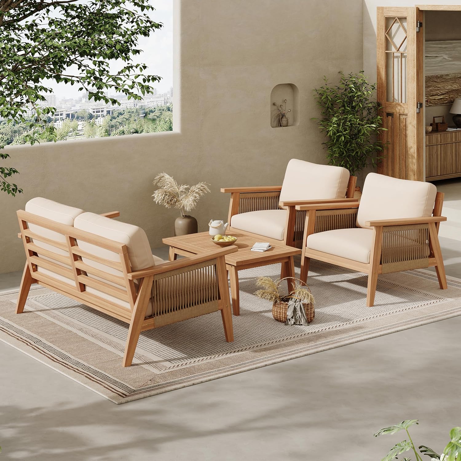 4 Piece Outdoor Patio Furniture Set, Acacia Wood Sectional Sofa wSeat Cushions, All-Weather Patio Conversation Seat with Couches and Coffee Table for Garden Backyard Balcony