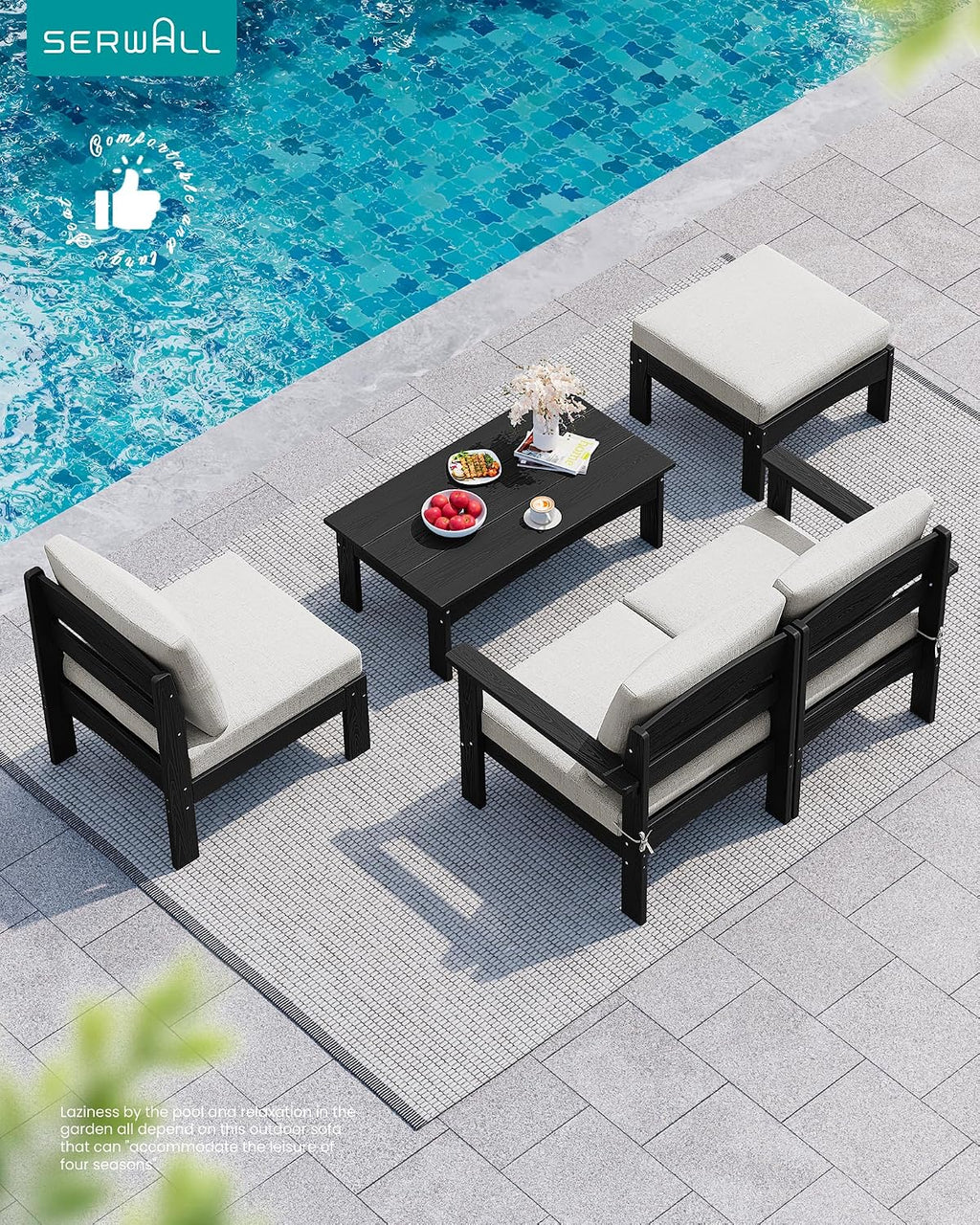 SERWALL HDPE Patio Loveseat Sofa, 2 Pieces Single Sofa, Weather-Resistant Outdoor Furniture Chair with Thick Removable Cushion, Balcony, Garden, Backyard, Poolside, Black Frame with Khaki Cushion