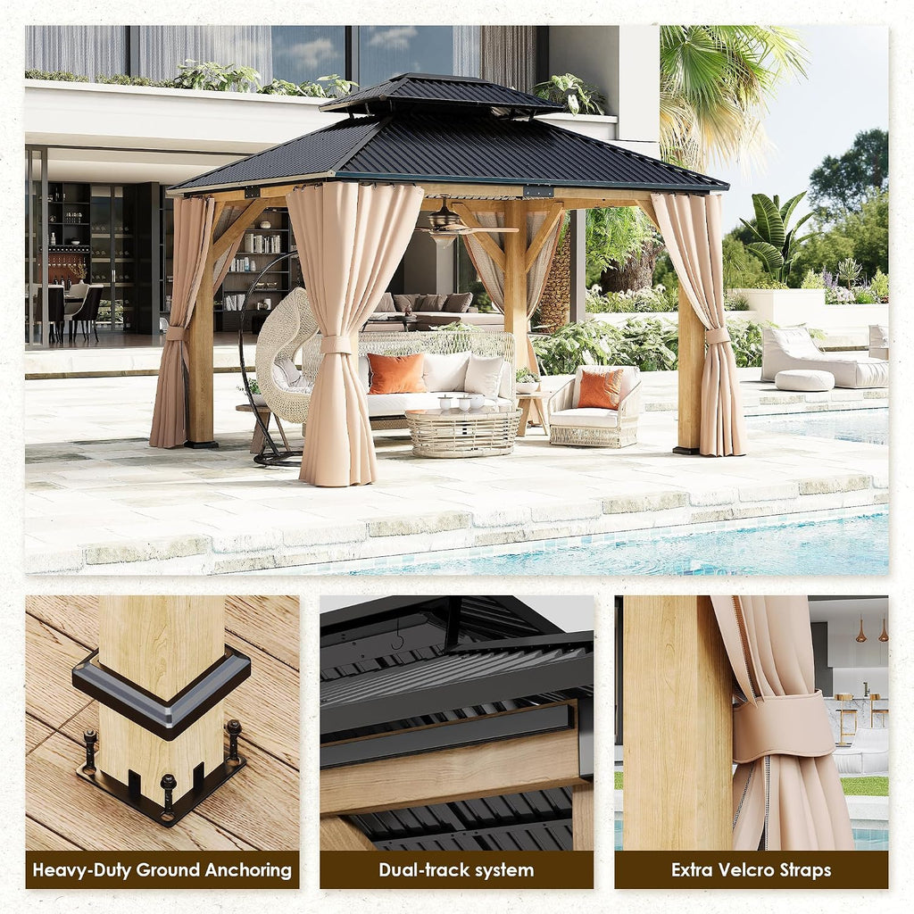 10'x12' Outdoor Wood Gazebo, Wooden Pavilion with Double Galvanized Steel Roof, Hardtop Gazebo with Natural Wood Frame, Curtains & Netting for Patio, Garden, Lawn, Deck, Backyard