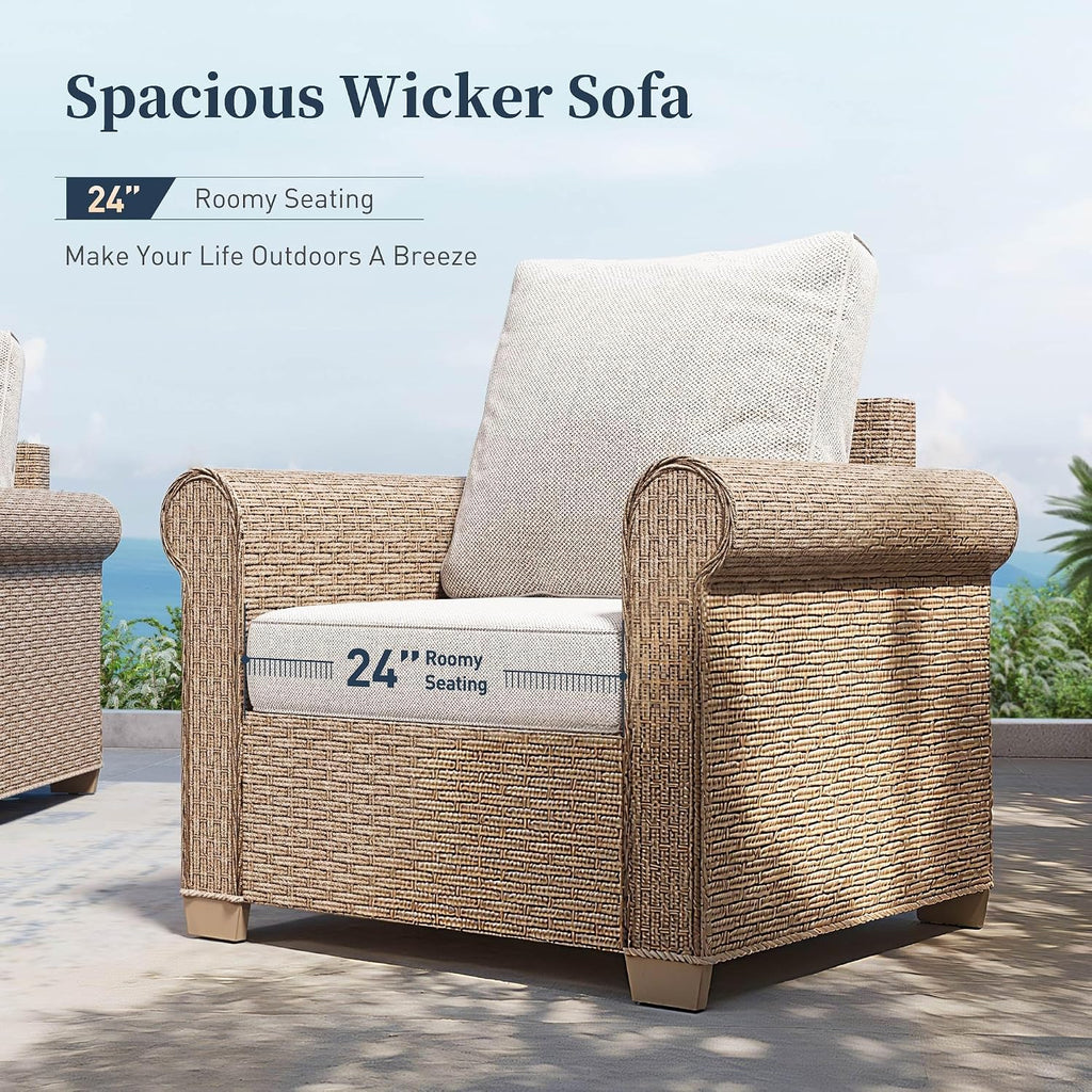 SUNSHINE VALLEY Patio Furniture Set, Wicker Rattan Outdoor Furniture Set with 5.5 Inch Thick Cushions, 2 Chairs and Fire Pit Table, 4 Pieces 5 Seats Patio Conversation Set for Backyard Deck, Beige
