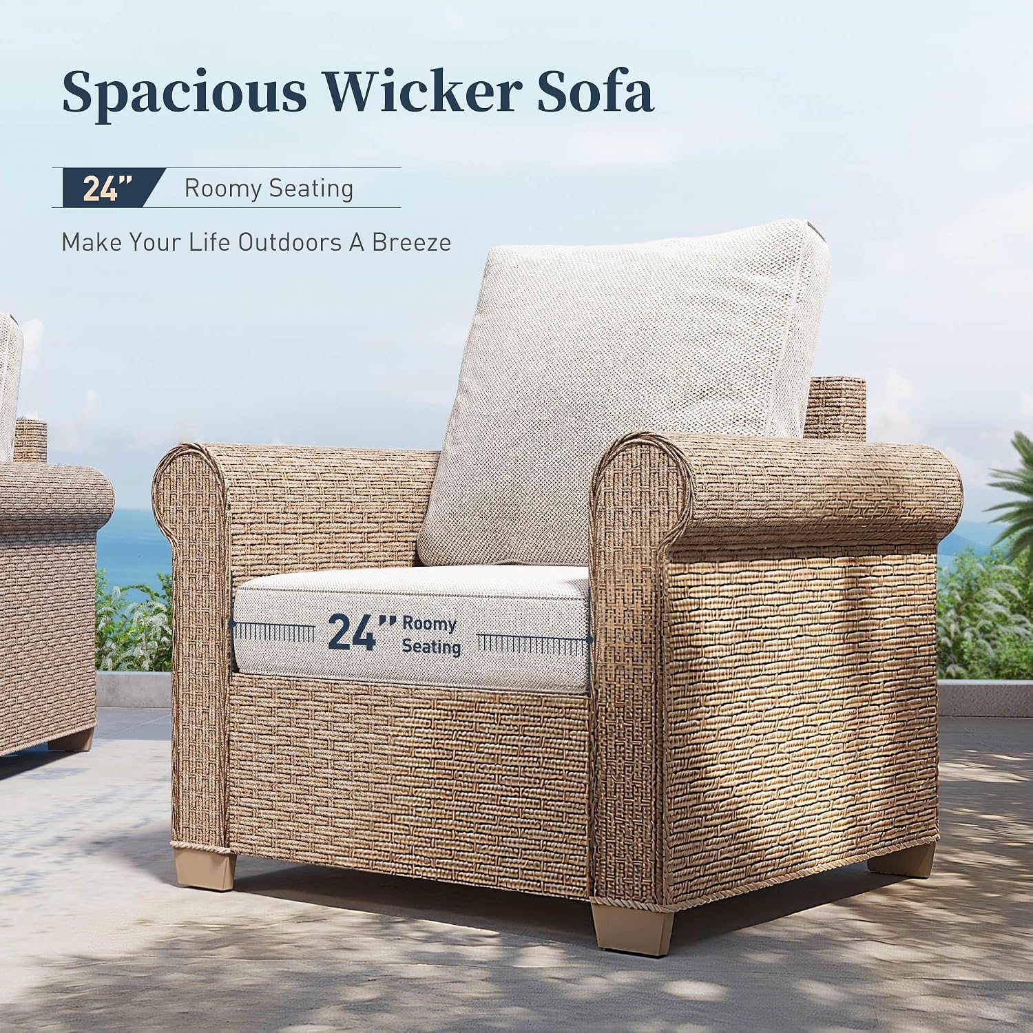 SUNSHINE VALLEY Patio Furniture Set, Wicker Rattan Outdoor Furniture Set with 5.5 Inch Thick Cushions, 2 Chairs and Fire Pit Table, 4 Pieces 5 Seats Patio Conversation Set for Backyard Deck, Beige