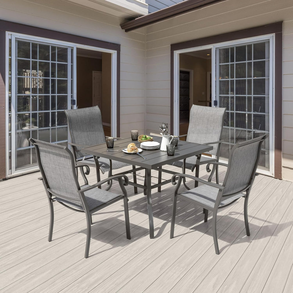 NUU GARDEN Outdoor Patio Dining Set 5 Piece Furniture Set Including Square Outdoor Dining Table with 1.57' Umbrella Hole and 4 Gray Textilene Chairs for Garden, Patio and Poolside Backyards