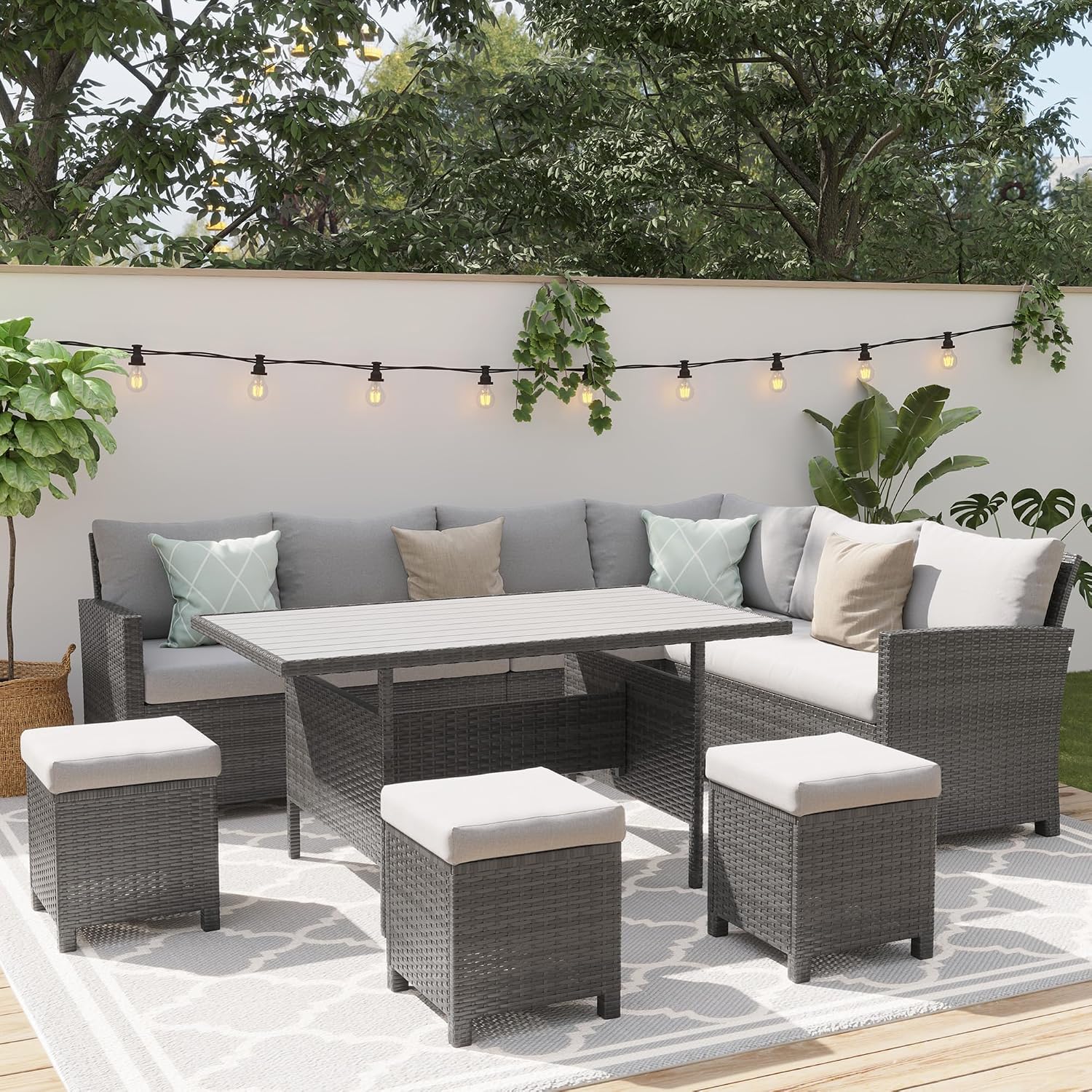 Wisteria Lane 7 Piece Patio Furniture Set, High Curved Back Wicker Patio Sectional, All Weather Outdoor Dining Set, Outdoor Furniture Patio Conversation Set with Ottoman, Ash Gray