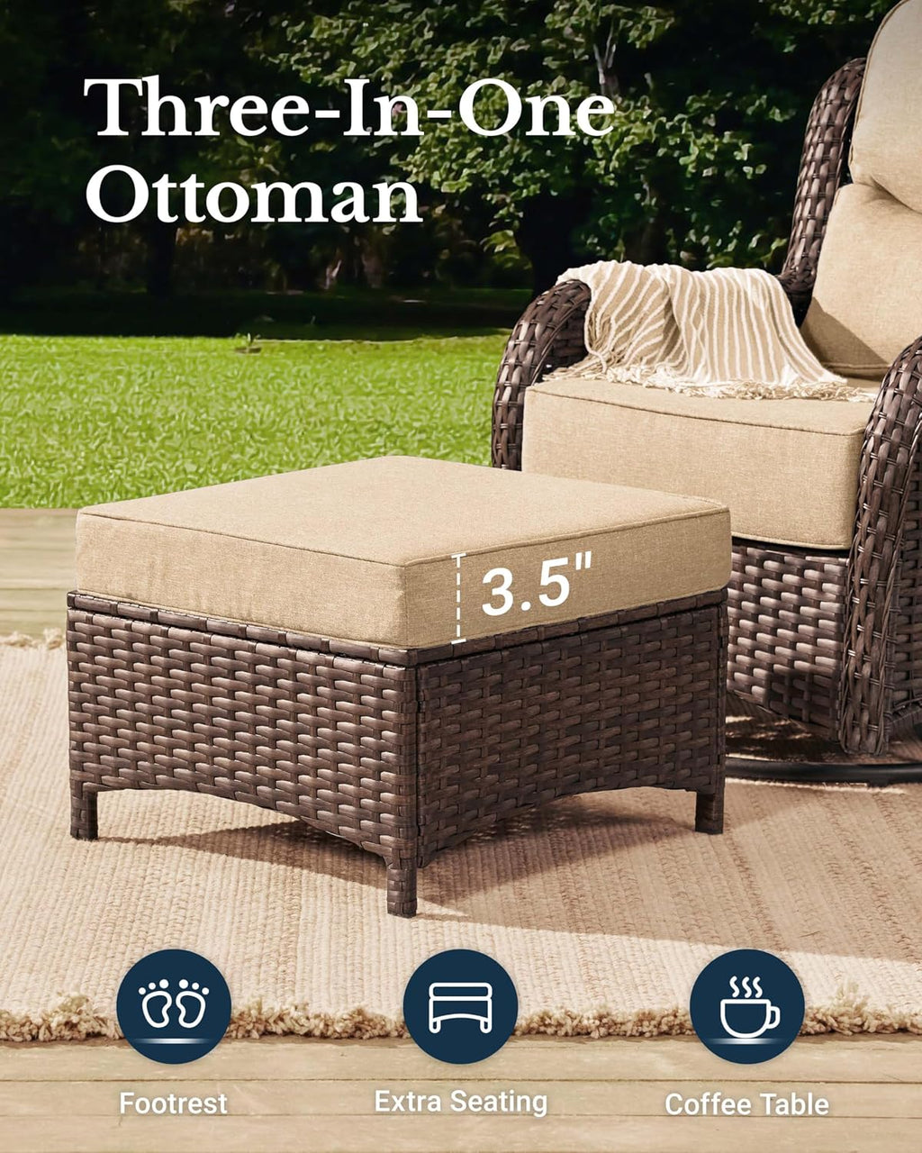 HILLGA Luxury High Back Patio Furniture Set with 6-Inch Thick Cushion, 5-Piece Outdoor Conversation Set with Sofa, Swivel Rocker Chairs & Ottomans, Ideal for Porch Pool Deck Yard (Beige)