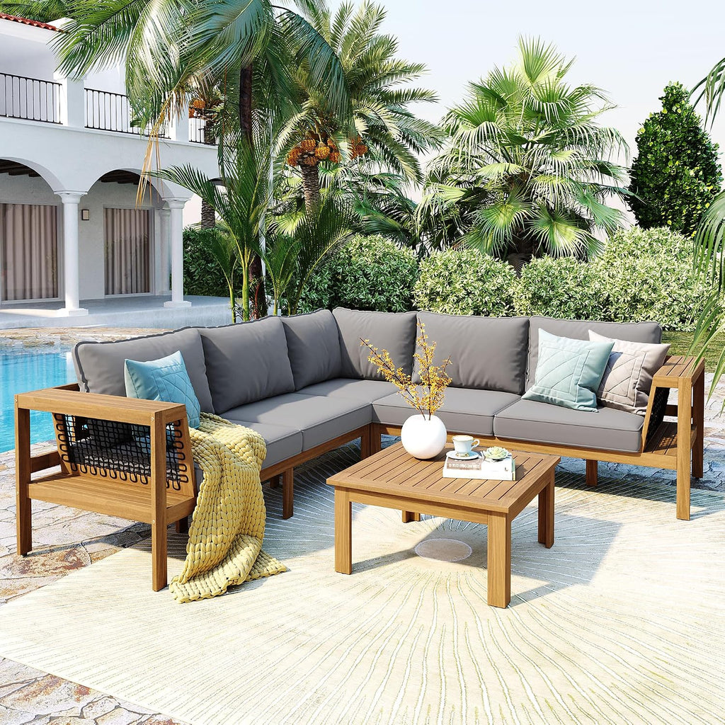 4 Piece Outdoor Patio Furniture Set, L-Shaped Patio Sofa Set with Coffee Table and Woven Mesh Armrests, All-Weather Conversation Seat with Cushions and Side Table (Gray+Natural)