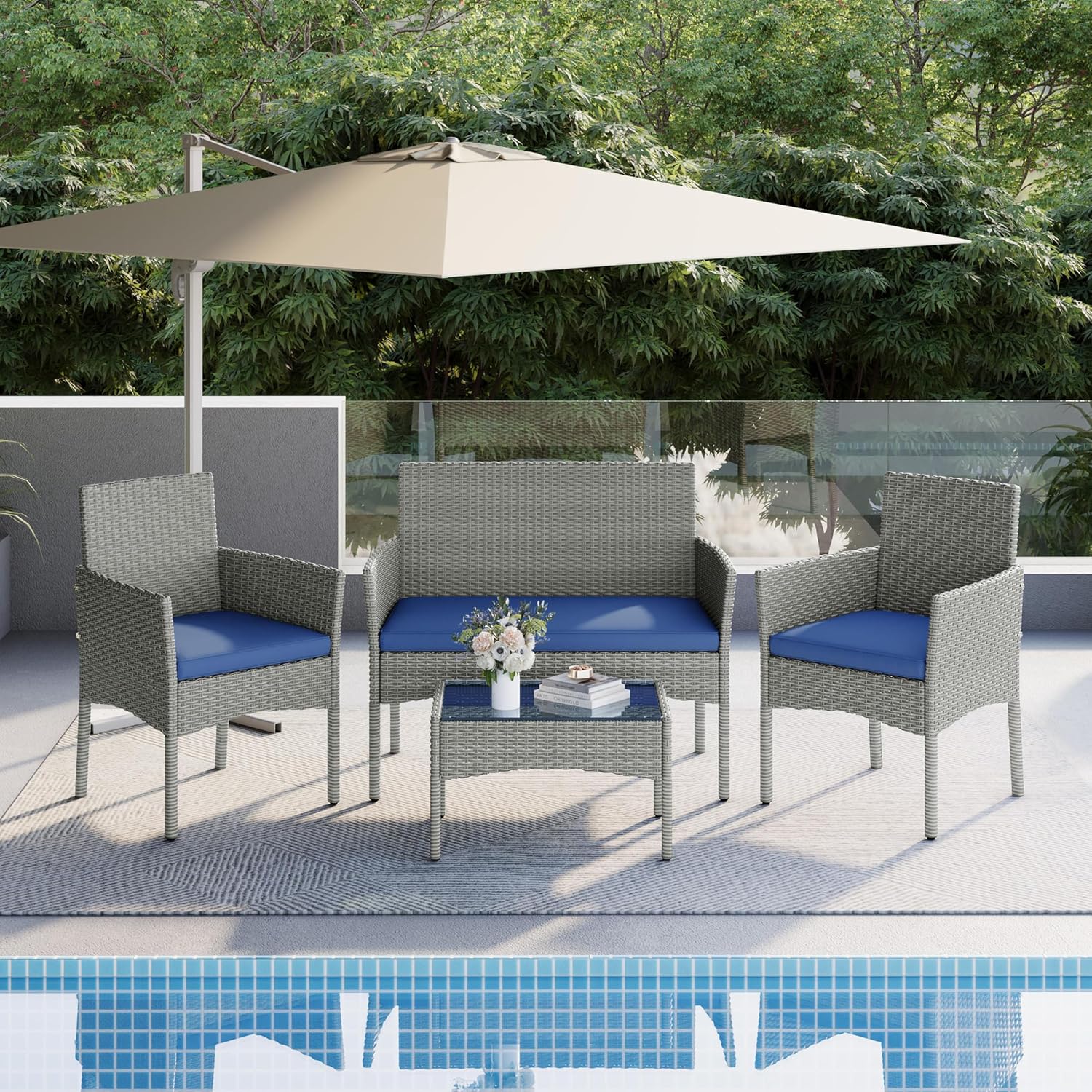 Yaheetech Patio Furniture Set 4 Pieces Conversation Sets, Rattan Chair Wicker Set Loveseat with Soft Cushion and Glass Table for Backyard Porch Garden Poolside Balcony, Gray and Dark Blue