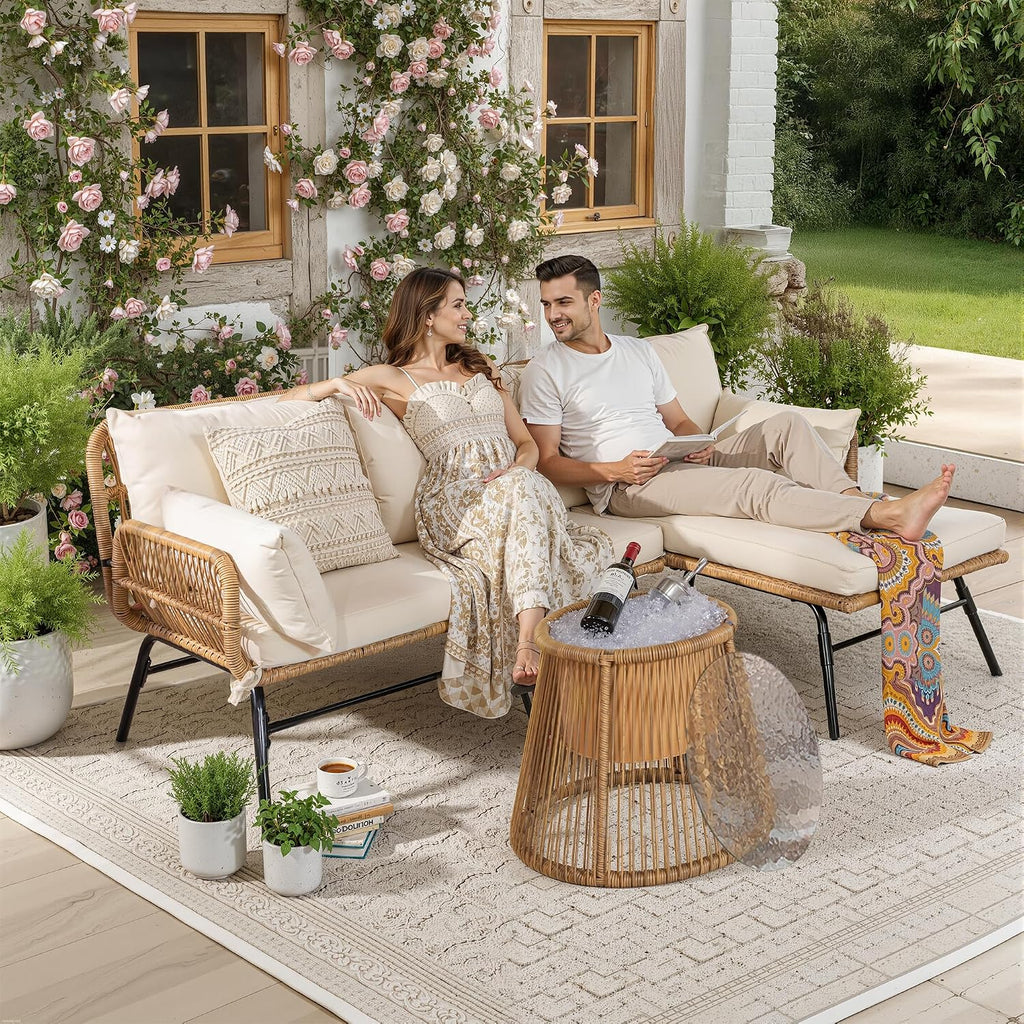 NICESOUL Boho 3-Piece L-Shaped Outdoor Patio Furniture Set with Comfy 2' Thickened Cushion, High Back Wicker Lounge Sectional Sofa w/Ice Bucket for Porch Balcony Deck Garden, Beige
