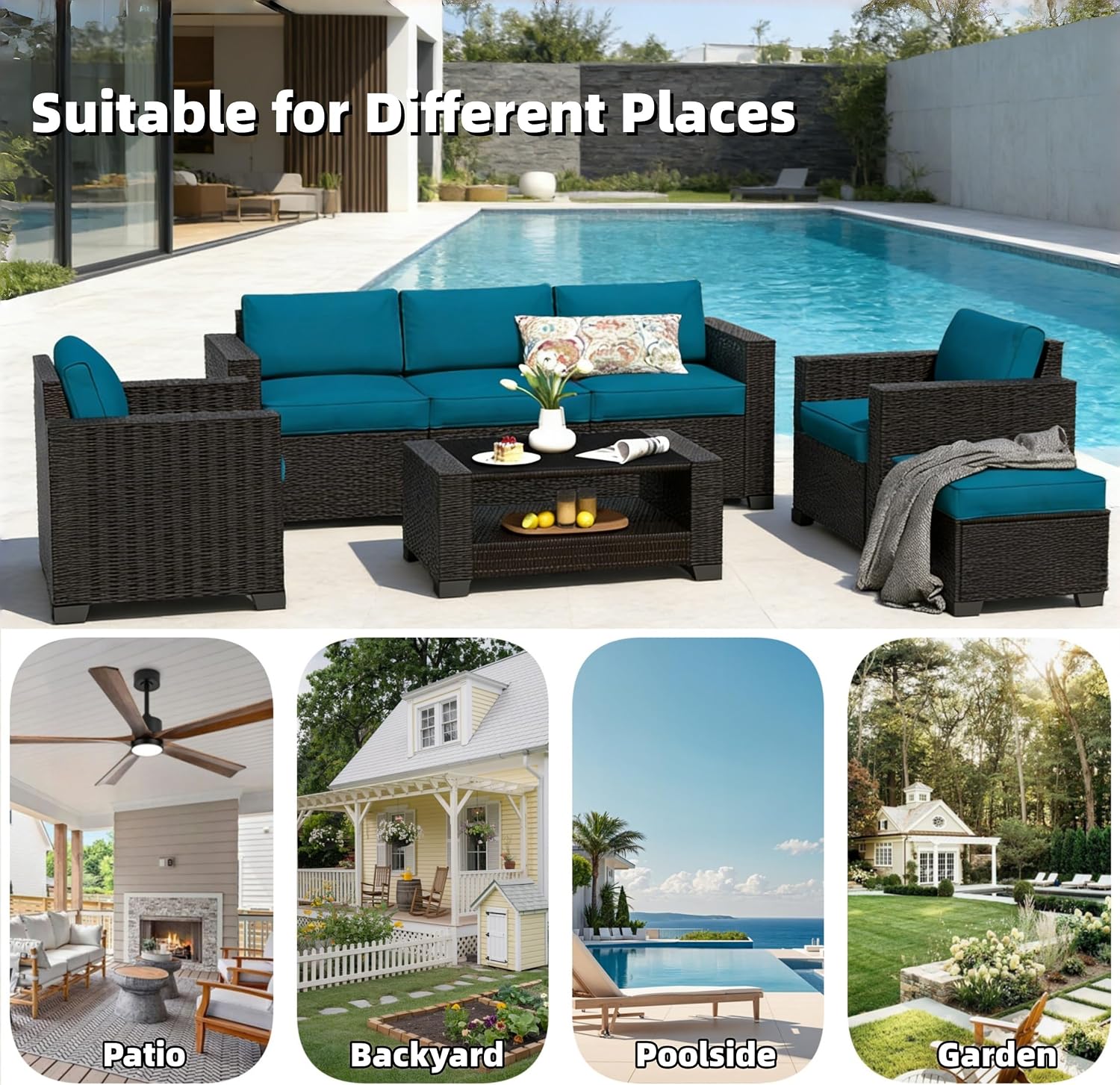 SHGJ&SOFT 7 Piece Patio Furniture Set, Wicker Outdoor Sectional Sofa with Washable Cushion Covers and Tempered Glass Table, Rattan Conversation Set for Poolside