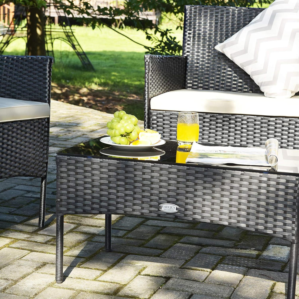 Tangkula 4 Piece Patio Furniture Set, Outdoor Wicker Conversation Set with Tempered Glass Coffee Table, Rattan Loveseat & Chairs Set with Seat Cushions for Backyard, Garden, Poolside (1, Beige)