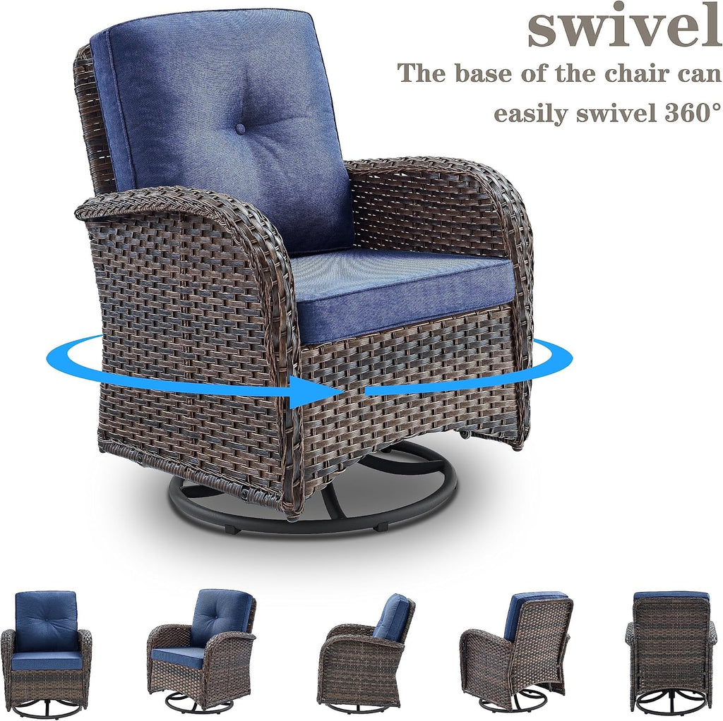 Belord Patio Furniture Swivel Glider PE Wicker Chairs, Outdoor Swivel Rocker Seating with Cushions for Porch Deck Balcony, Brown Wicker Blue Cushion
