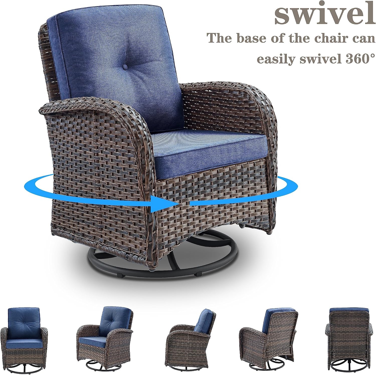Belord Patio Furniture Swivel Glider PE Wicker Chairs, Outdoor Swivel Rocker Seating with Cushions for Porch Deck Balcony, Brown Wicker Blue Cushion
