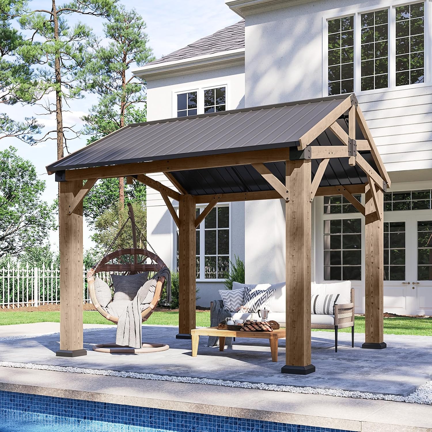 Aoxun 10' x 10' Outdoor Wood Gazebo, Hardtop Gazebo Permanent Wooden Pavilion with Galvanized Steel Gable Roof, for Patio, Garden, Backyard, Cedar Wood