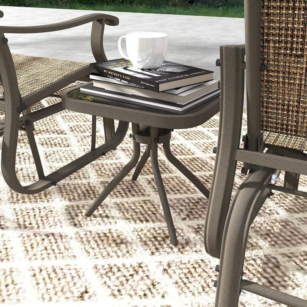 Outsunny 3-Piece Outdoor Gliders Set, Bistro Table and Chairs with Steel Frame, Tempered Glass Top Table for Patio, Garden, Backyard, Lawn, Light Mixed Brown