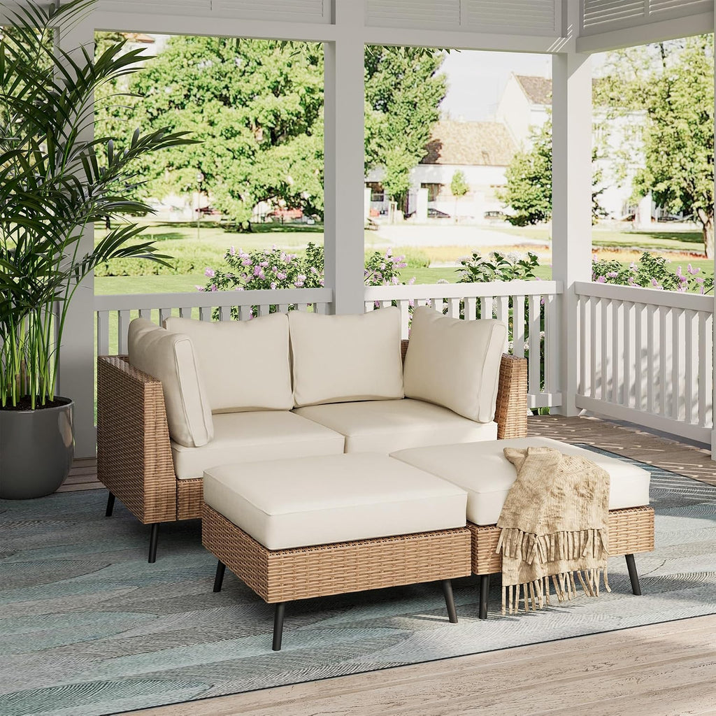 LAUSAINT HOME Outdoor Patio Furniture, 4 Piece Outdoor Sectional Sofa PE Rattan Wicker Patio Conversation Sets, All Weather Patio Furniture Set with Thick Cushions for Garden, Backyard(Beige)