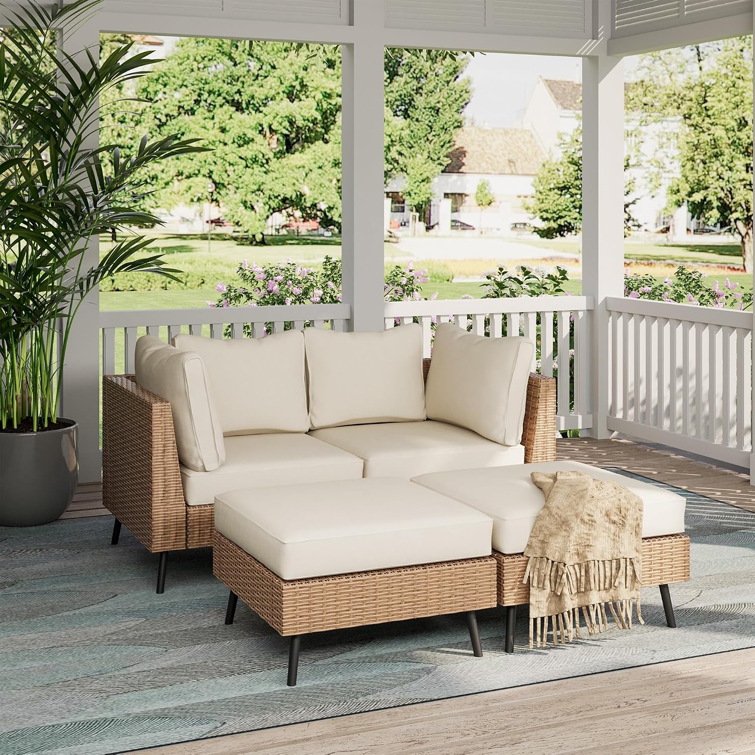 LAUSAINT HOME Outdoor Patio Furniture, 4 Piece Outdoor Sectional Sofa PE Rattan Wicker Patio Conversation Sets, All Weather Patio Furniture Set with Thick Cushions for Garden, Backyard(Beige)