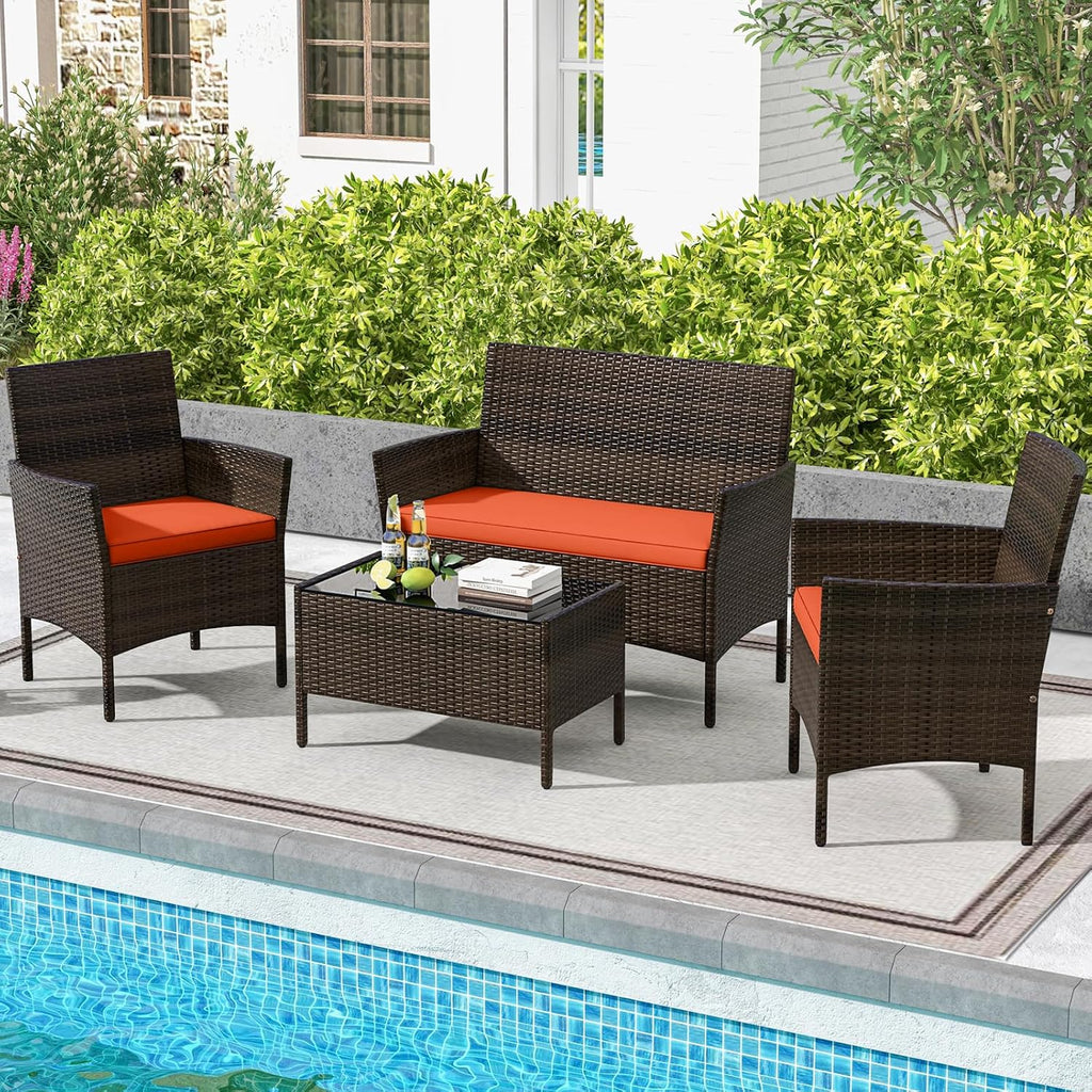 KOTEK 4 Piece Patio Furniture Set, Outdoor Rattan Conversation Set with Loveseat, Wicker Chairs, Tempered Glass Coffee Table, Wicker Patio Set for Backyard, Porch (Orange)