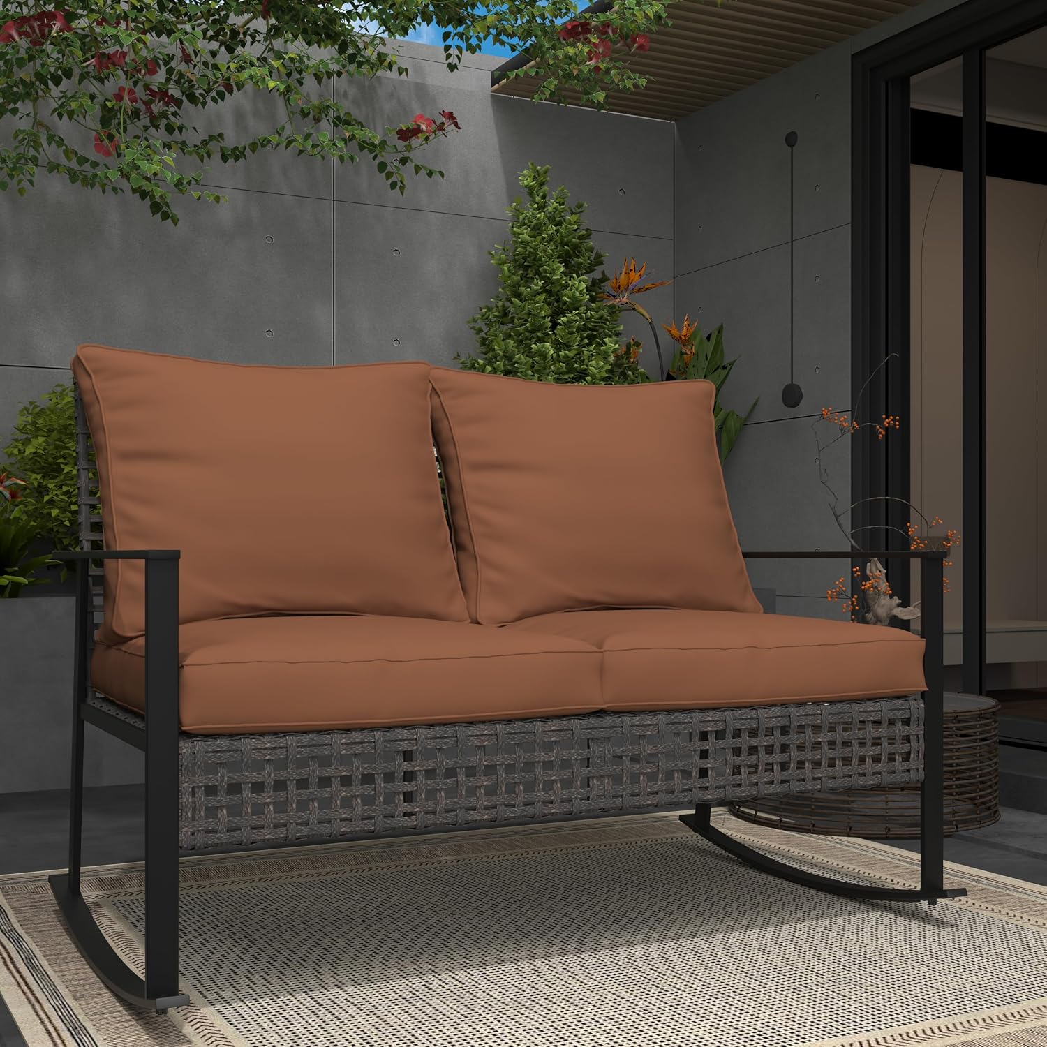 Ainfox Outdoor Wicker Loveseat Rocking Chair, Patio Rattan Rocker Chair with Cushions，All-Weather Modern Cozy Rocking Wicker Furniture for Garden Balcony Porch, Brown