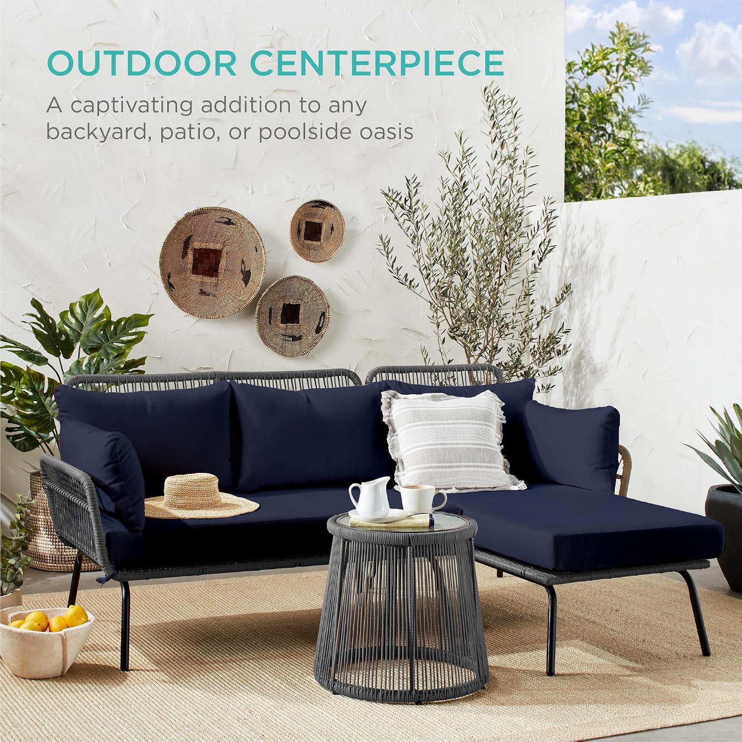 Best Choice Products Outdoor Rope Woven Sectional Patio Furniture L-Shaped Conversation Sofa Set for Backyard, Porch w/Thick Cushions, Detachable Lounger, Side Table - Gray/Navy