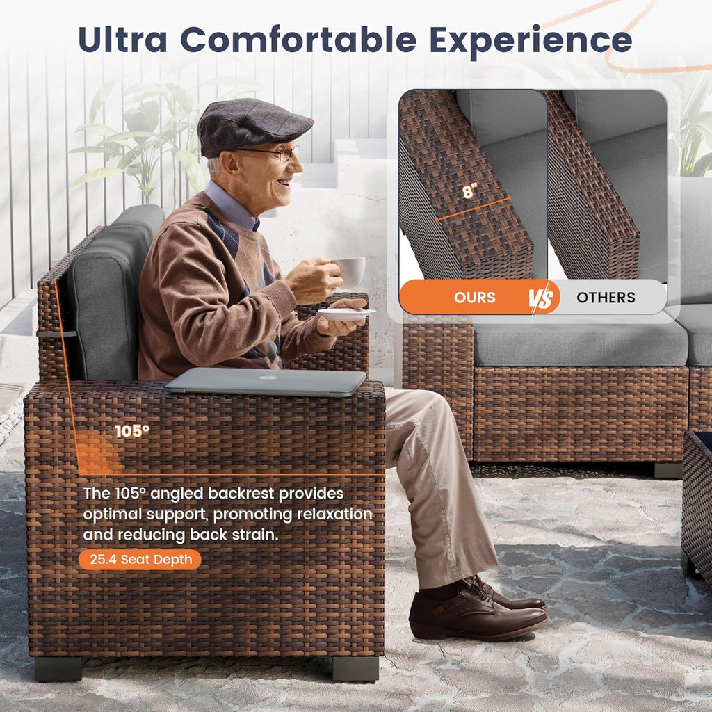 UDPATIO Patio Furniture Set with Fire Pit Table, 8 Inch Armrest 7 Piece Outdoor Sectional Sofas, All-Weather Wicker Conversation for Garden, Backyard, Brown/Dark Grey