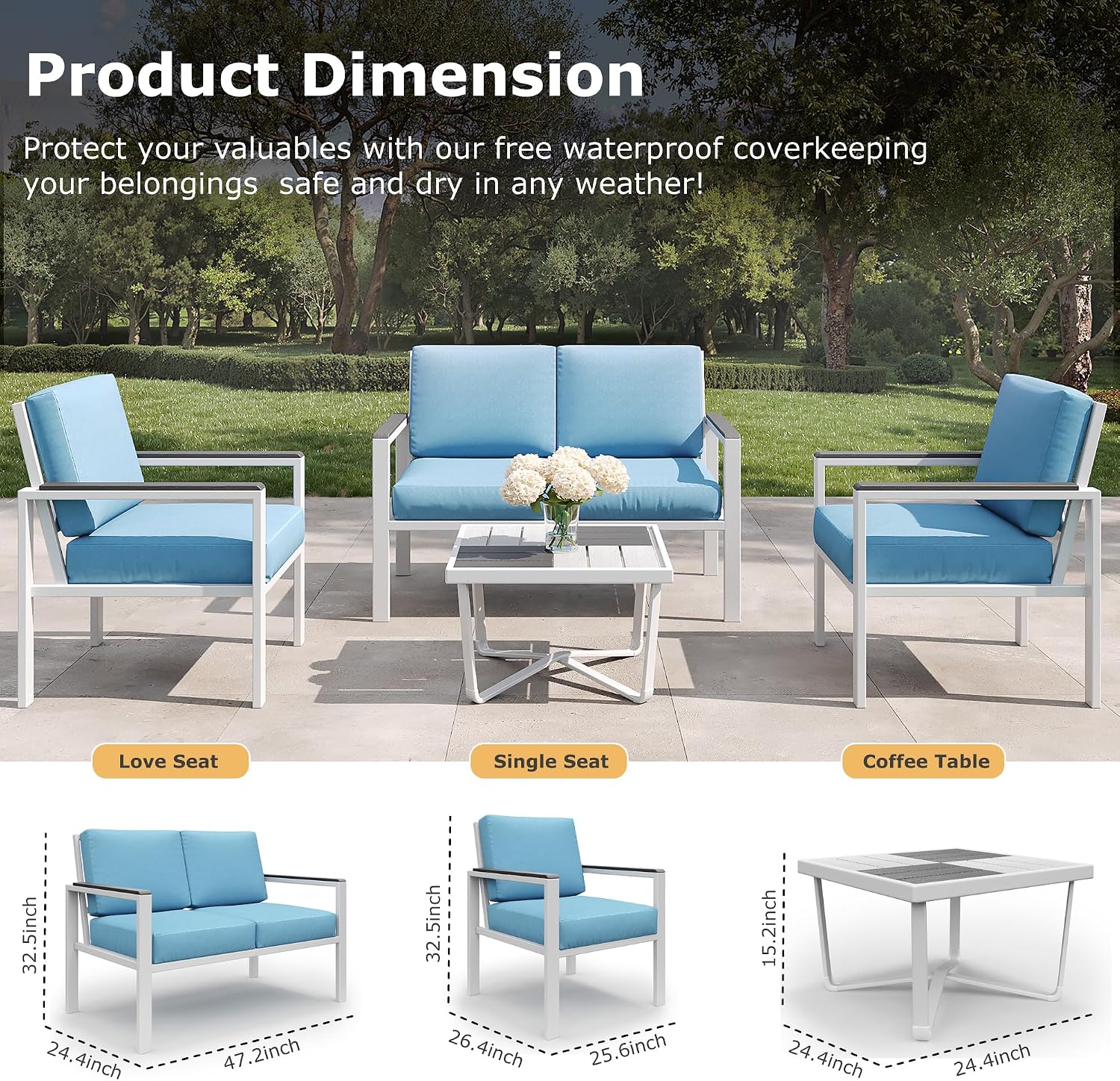 4-Piece Outdoor Patio Furniture Set, Metal Conversation Sofa Set with Deep Cushions & Wood-Like Armrests, Modern Patio Seating with Coffee Table for Garden, Porch, Balcony, Backyard (White)