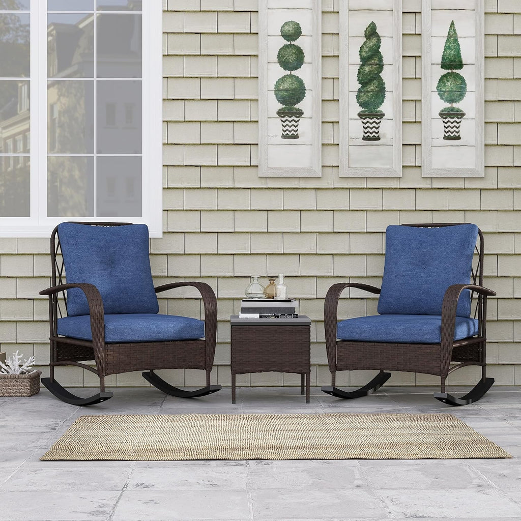 Outsunny 3 Piece Wicker Patio Furniture Set, PE Rattan Rocking Chairs with Coffee Table, Cushions, Outdoor Bistro Set for Porch, Garden, Poolside, Brown