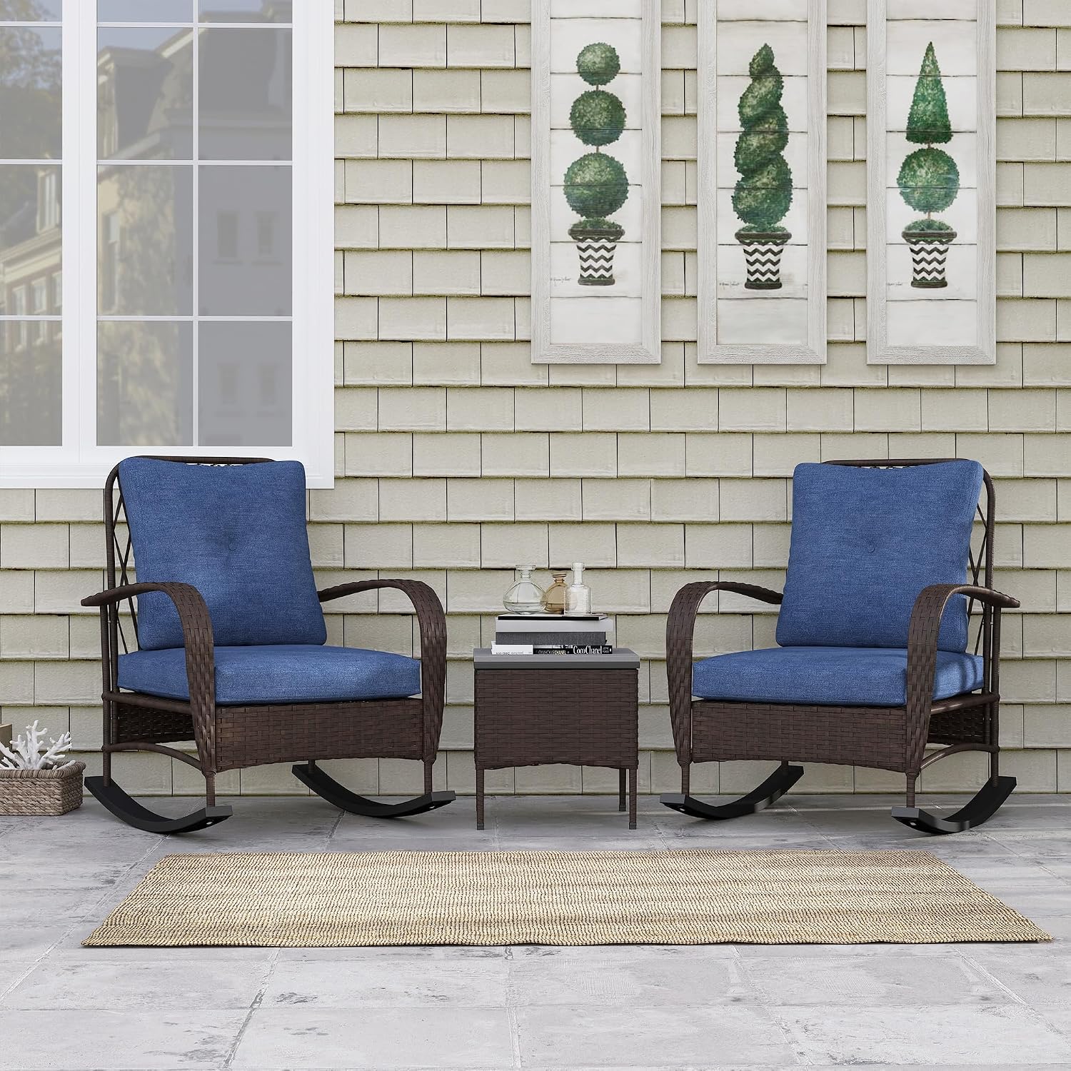 Outsunny 3 Piece Wicker Patio Furniture Set, PE Rattan Rocking Chairs with Coffee Table, Cushions, Outdoor Bistro Set for Porch, Garden, Poolside, Brown