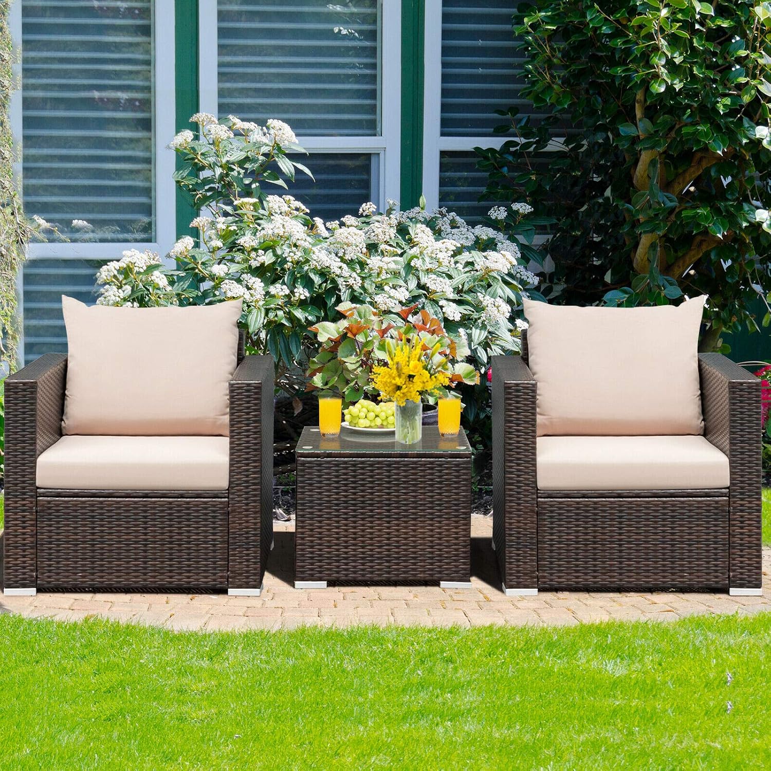 HAPPYGRILL 3PCS Patio Furniture Set with Coffee Table Outdoor Rattan Wicker Conversation Sofa Set with Washable Cushions for Garden Poolside