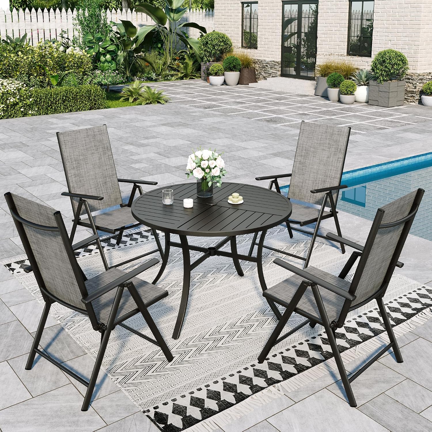 Sophia & William 5 Pieces Patio Dining Set, Outdoor Patio Furniture Set with Round Metal Patio Table with 1.57' Umbrella Hole and 4 Pcs 7 Levels Adjustable Folding Textilene Patio Sling Chairs, Grey