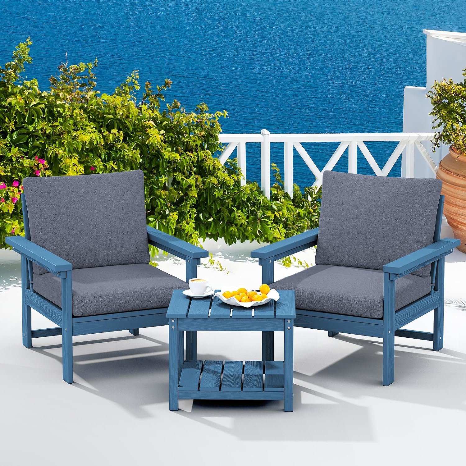 SERWALL HDPE Patio Sofa Set, 3-piece Sectional Outdoor Furniture Set, All Weather Outdoor Couch Set Patio Furniture Set for Deck, Lawn, Blue Frame with Grey Cushion