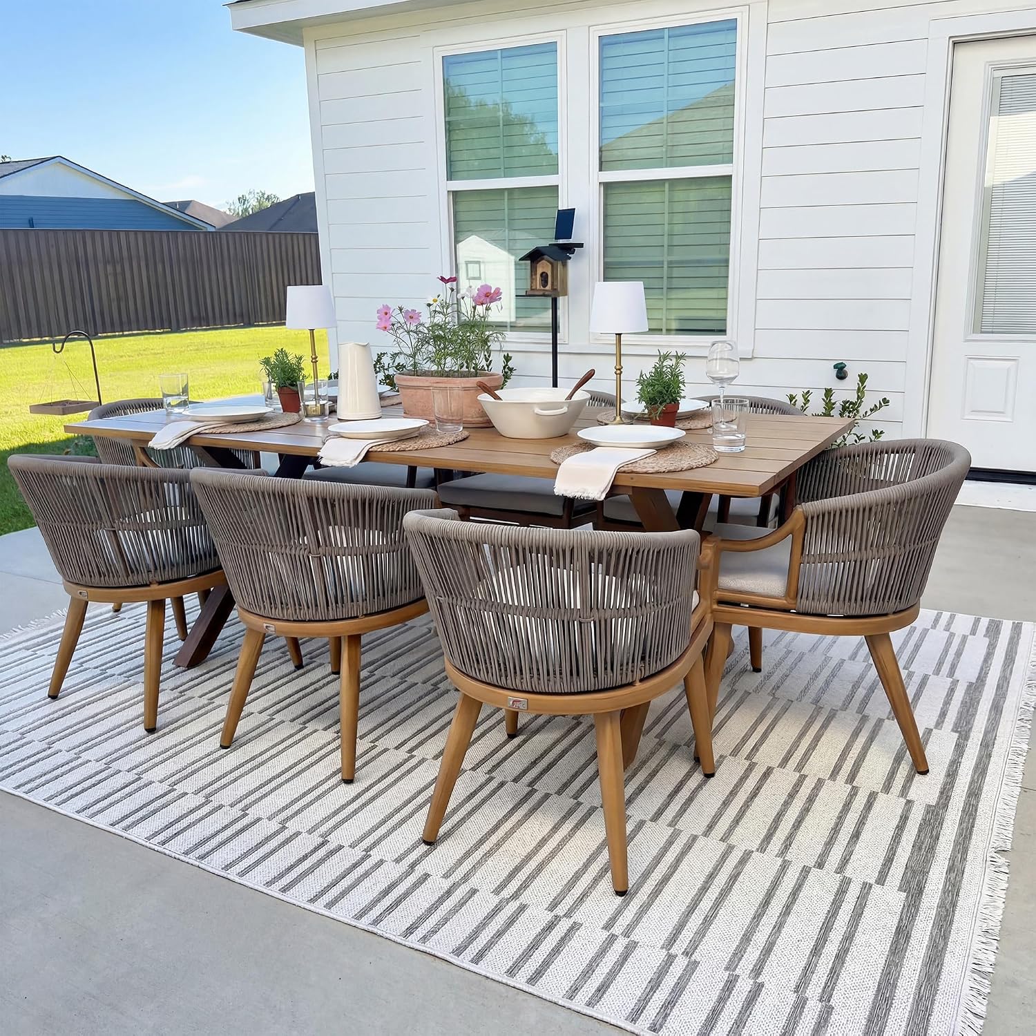 PURPLE LEAF 9 Pieces Outdoor Dining Set All Weather Wicker Patio Dining Set with Rectangular Aluminum Table and Modern Armrest Dining Chairs for Garden Deck Backyard Kitchen, Teak