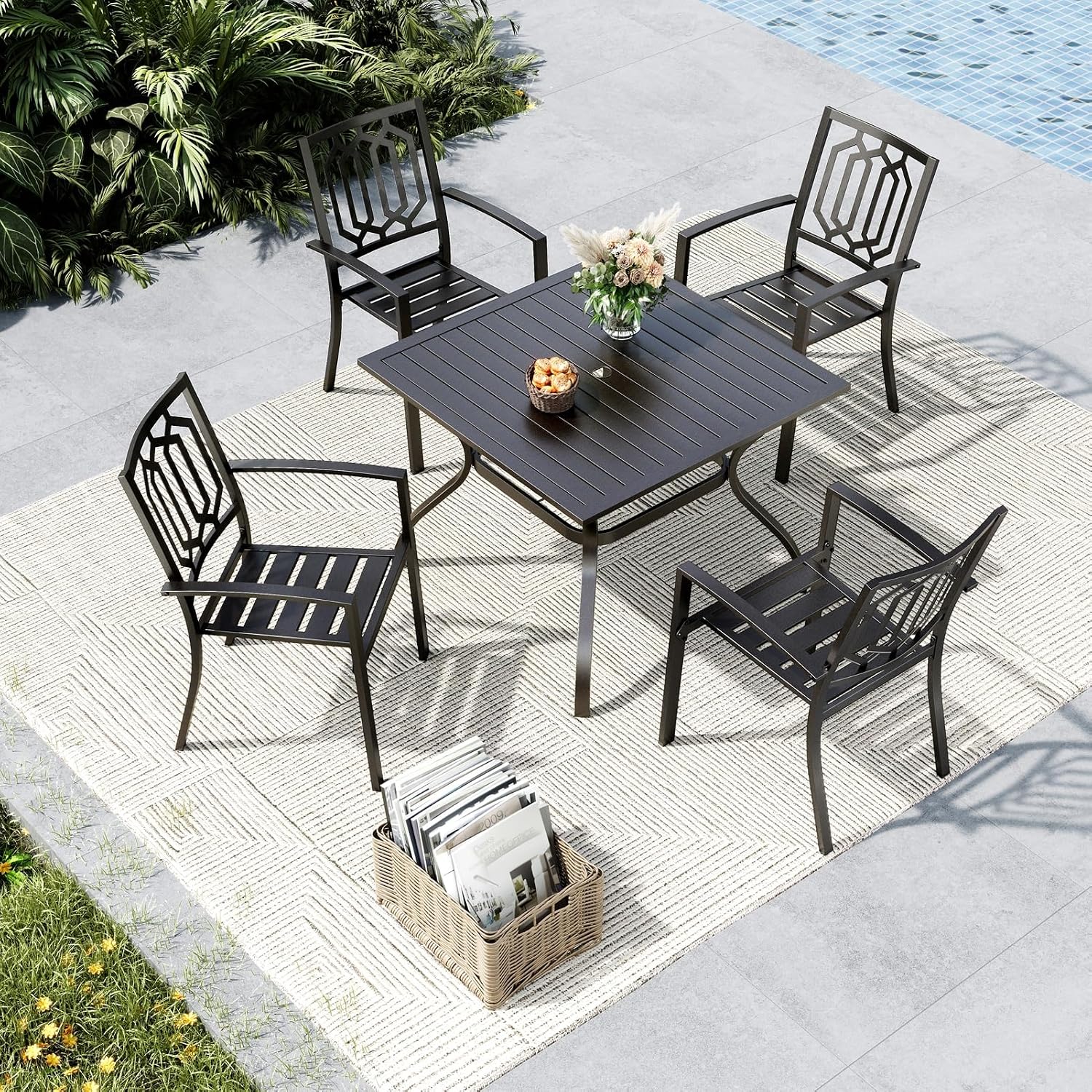 MFSTUDIO Outdoor Table and Chairs for 4, Outdoor Dining Set with Umbrella Hole, Metal Patio Furniture Set for Deck/Backyard/Poolside/Garden