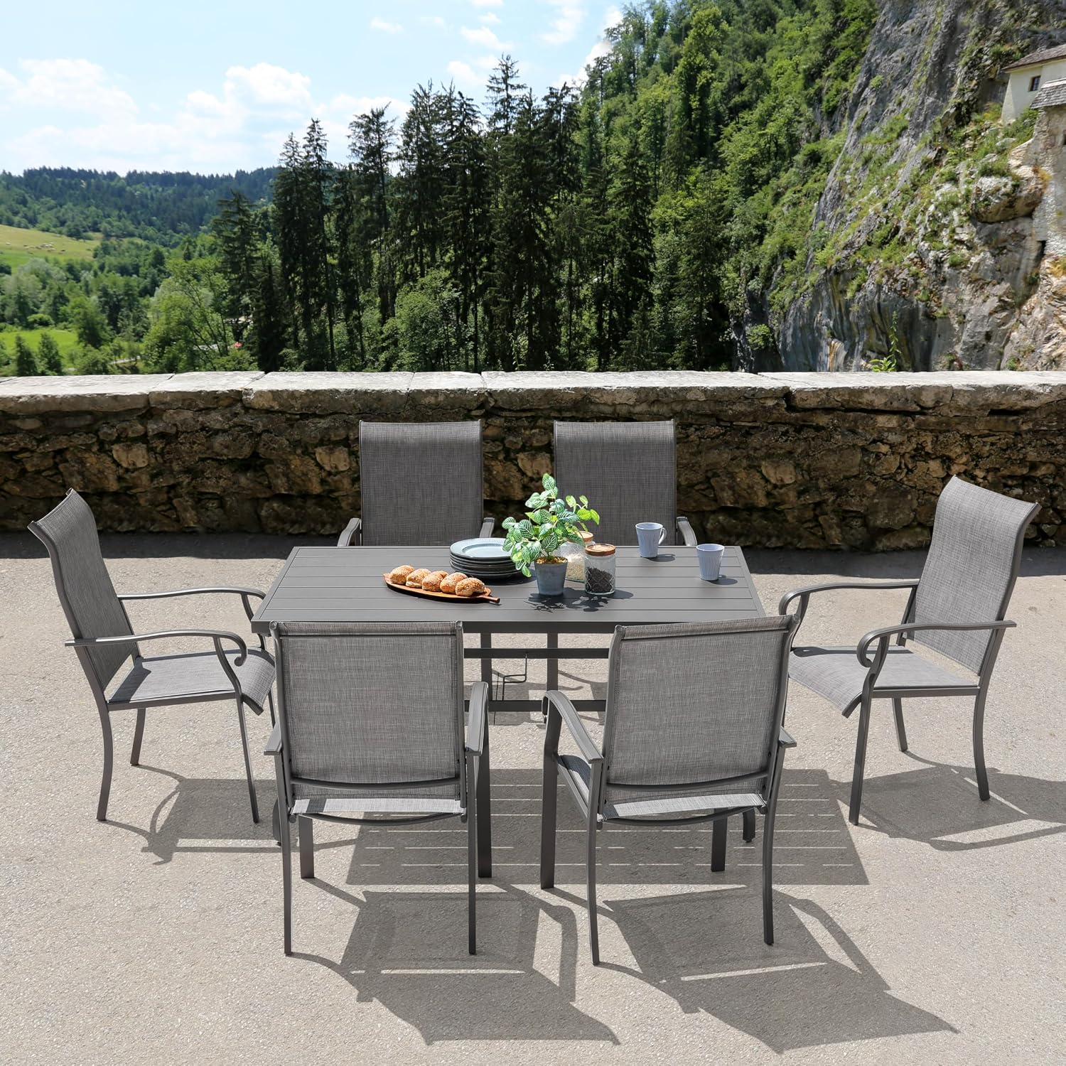 NUU GARDEN Outdoor Patio Dining Set 7 Piece Furniture Set Including 61'x37' Rectangular Outdoor Metal Patio Dining Table and 6 Gray Textilene Chairs for Garden, Patio and Poolside Backyards