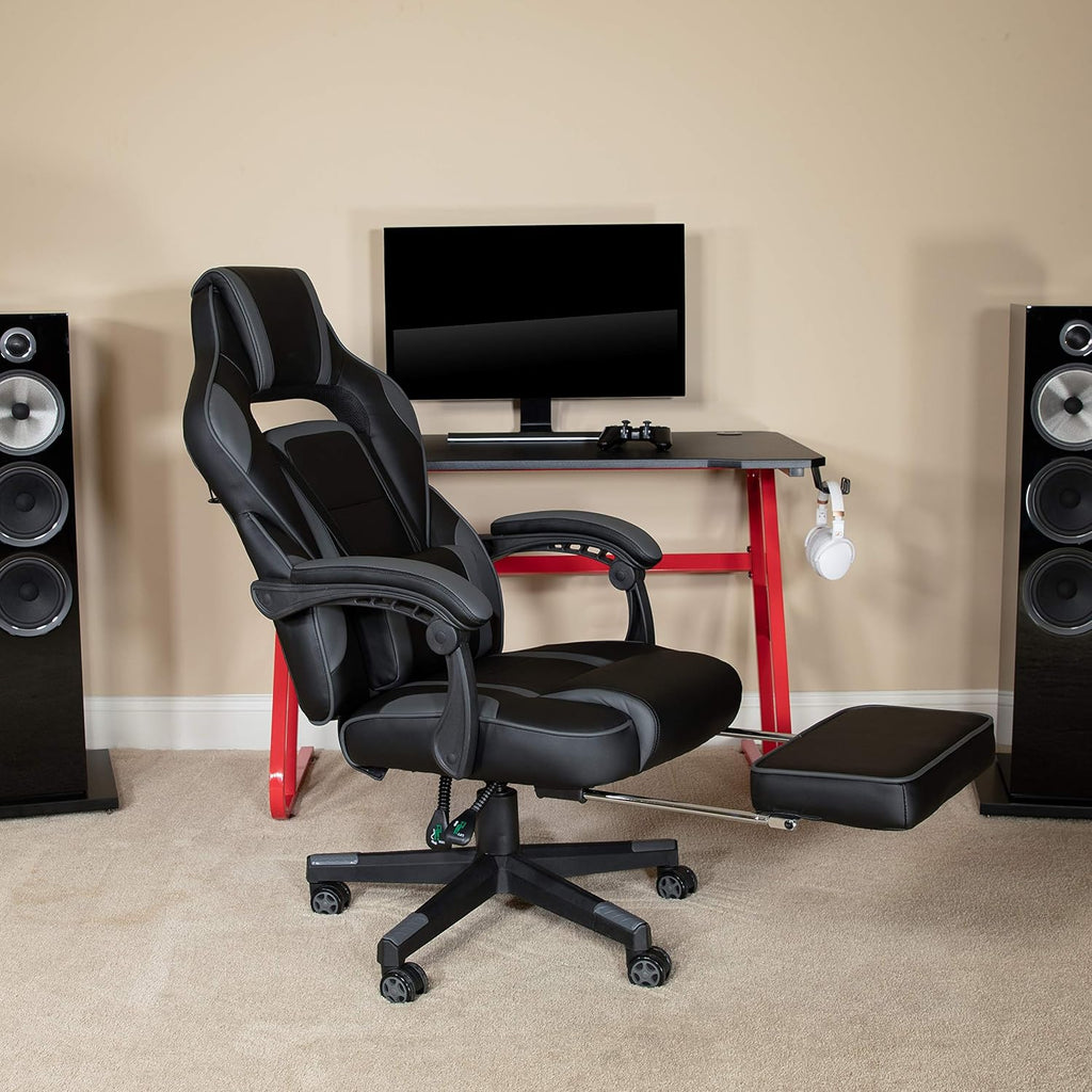 EMMA + OLIVER Black/Gray Ergonomic Gaming Chair -Recline Back/Arms, Footrest, Massaging Lumbar