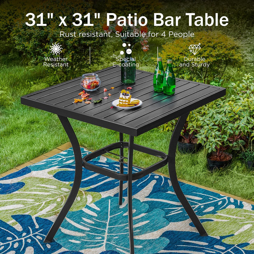 PHI VILLA 3 Piece Outdoor Bar Furniture Set, Counter-Height Patio Bistro Table & Swivel Bar Stools Chairs with Red Cushion for Garden, Backyard, Deck
