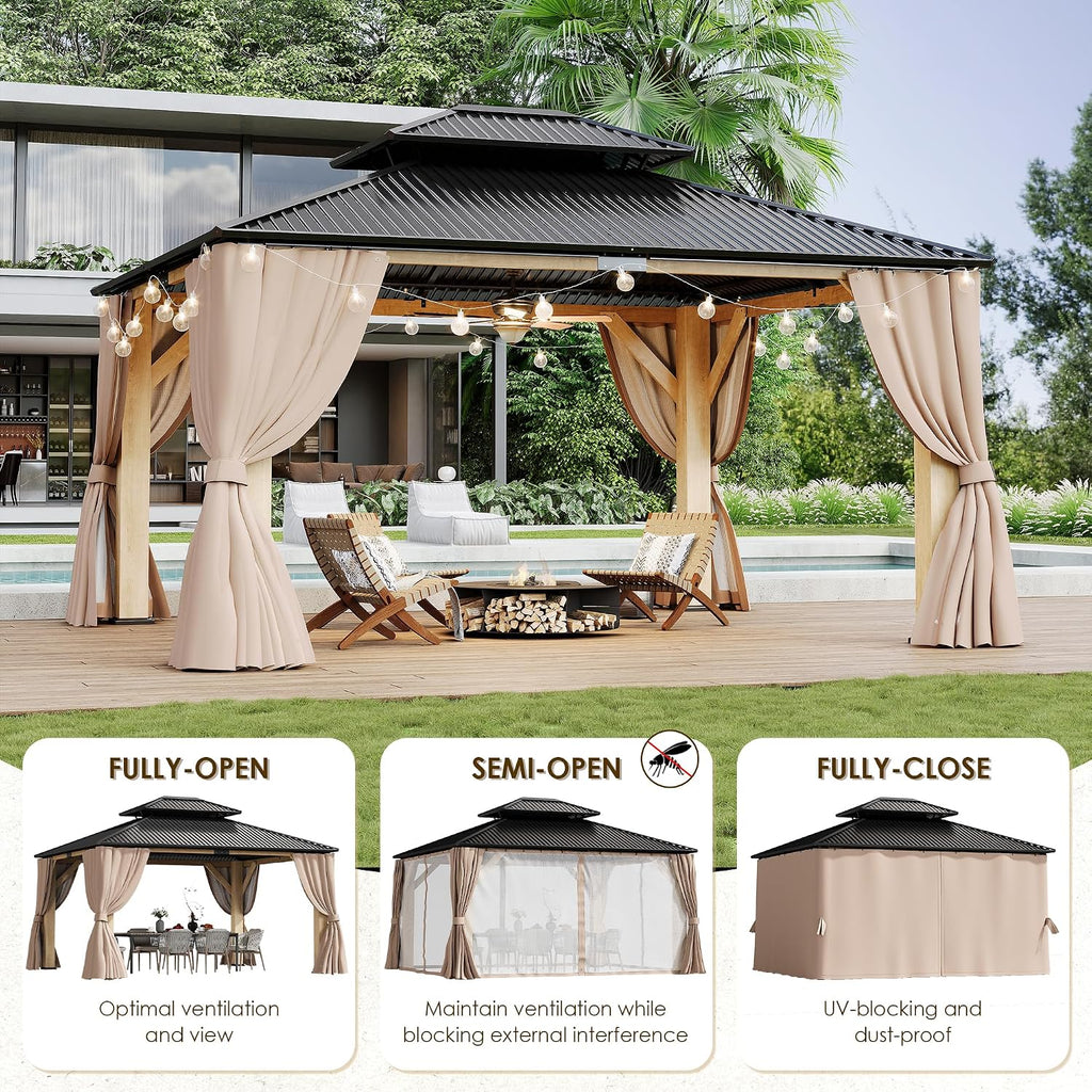 13'x15' Outdoor Wood Gazebo, Wooden Pavilion with Double Galvanized Steel Roof, Hardtop Gazebo with Natural Wood Frame, Curtains & Netting for Patio, Garden, Lawn, Deck, Backyard