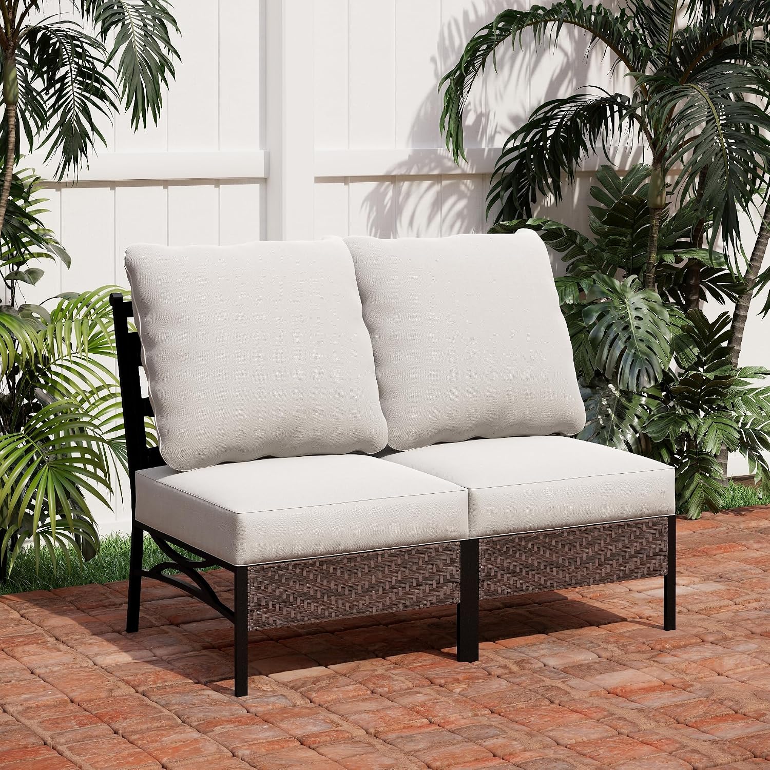 PHI VILLA Patio Sofa Outdoor Furniture, All-Weather Rattan & Metal 2 Seater Sofa with Cushions & Lumbar Pillows, Arm Lounge Loveseat for Patio, Balcony, Backyard, Deck, Poolside