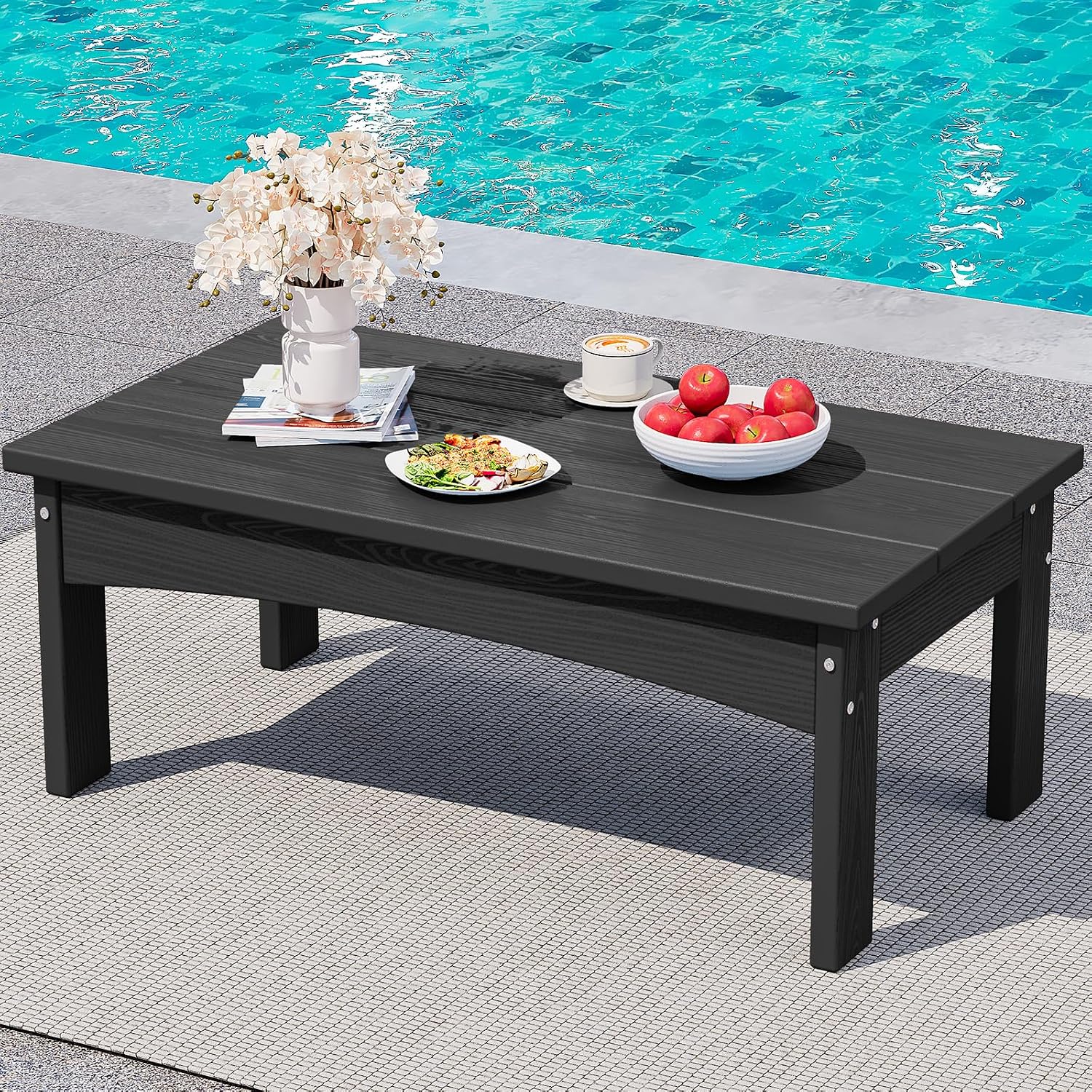 SERWALL HDPE Outdoor Coffee Table, All-Weather Patio Side Table, Durable Patio Furniture Table for Garden, Deck, Porch, Poolside, Black