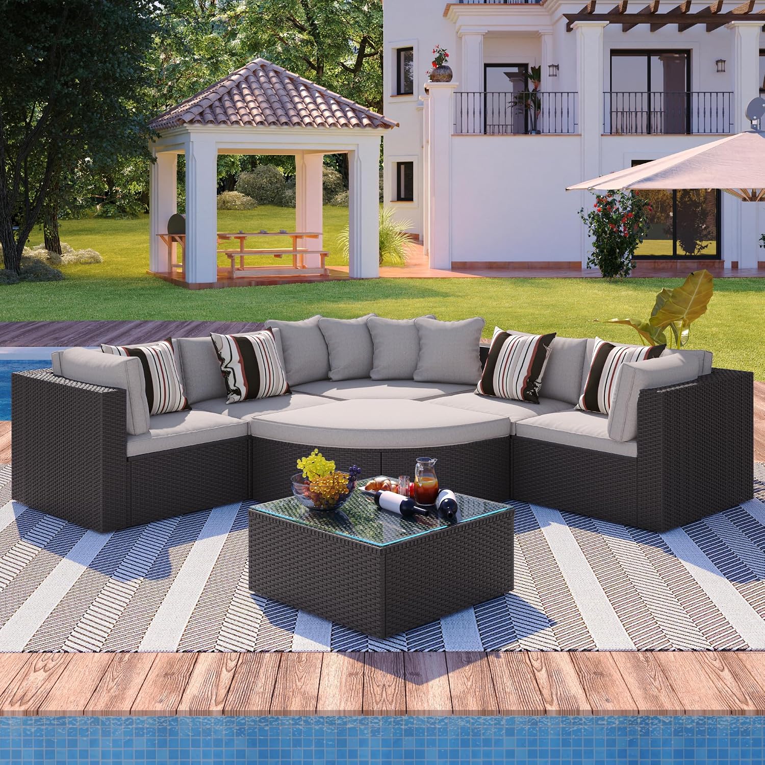 Merax 7-Piece Outdoor Wicker Sectional Sofa Set,Modular Rattan Conversation Set with Gray Cushions,Striped Green Pillows & Tempered Glass Coffee Table for Patio,Garden,Deck,Brown