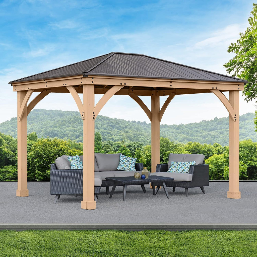 Yardistry 10 x 12 Meridian Cedar Wood Gazebo Pavilion for Patios, Decks, Garden, Backyard, Durable, Aluminum Roof