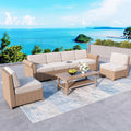 Patio Furniture Set 7 Piece, Wicker Rattan Sectional Sofa Couch with 5.5' Thick Waterproof Cushions and Coffee Table, All weather Modular Outdoor Conversation Set for Lawn Backyard and Deck, Beige