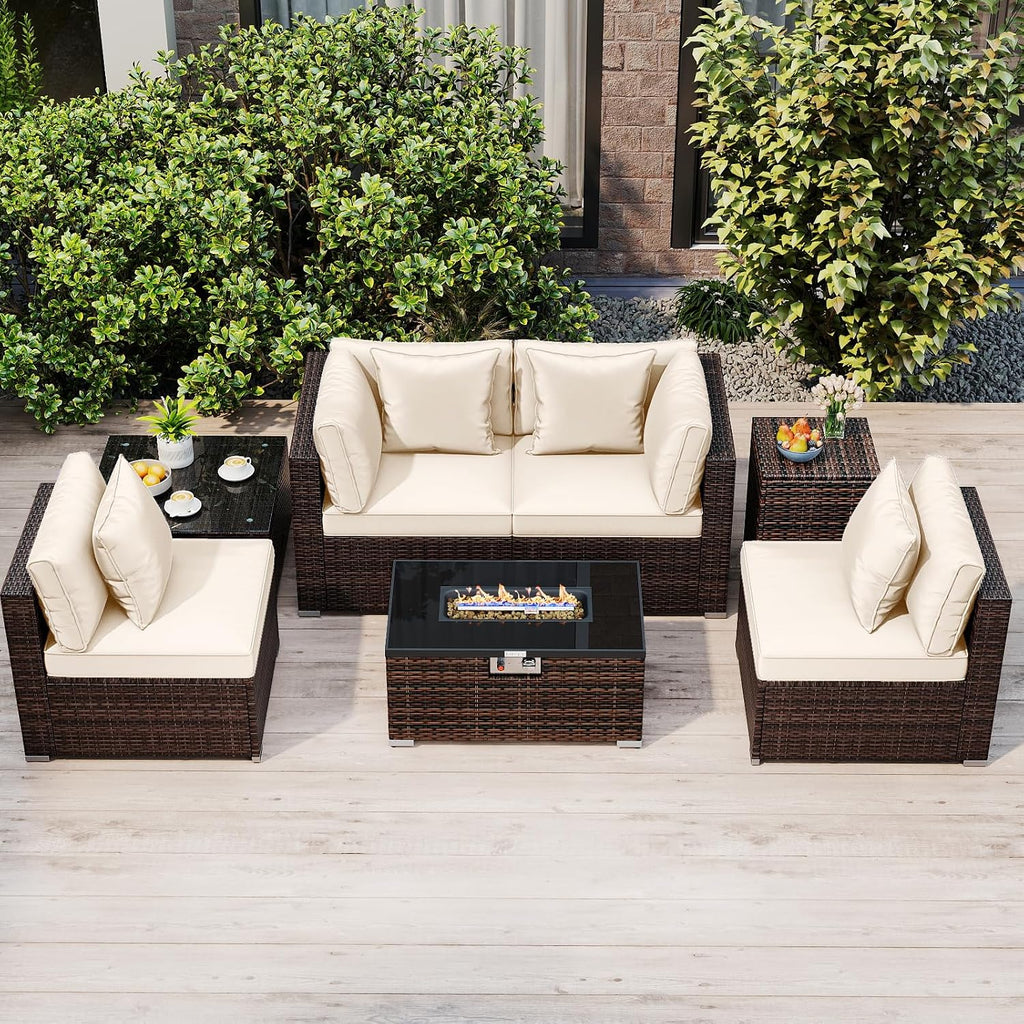 Tangkula 7 Pieces Wicker Patio Furniture Set with 40,000 BTU Gas Fire Pit Table & Propane Tank Cover Table & Glass Top Coffee Table, for Garden, Backyard and Poolside (Off White)