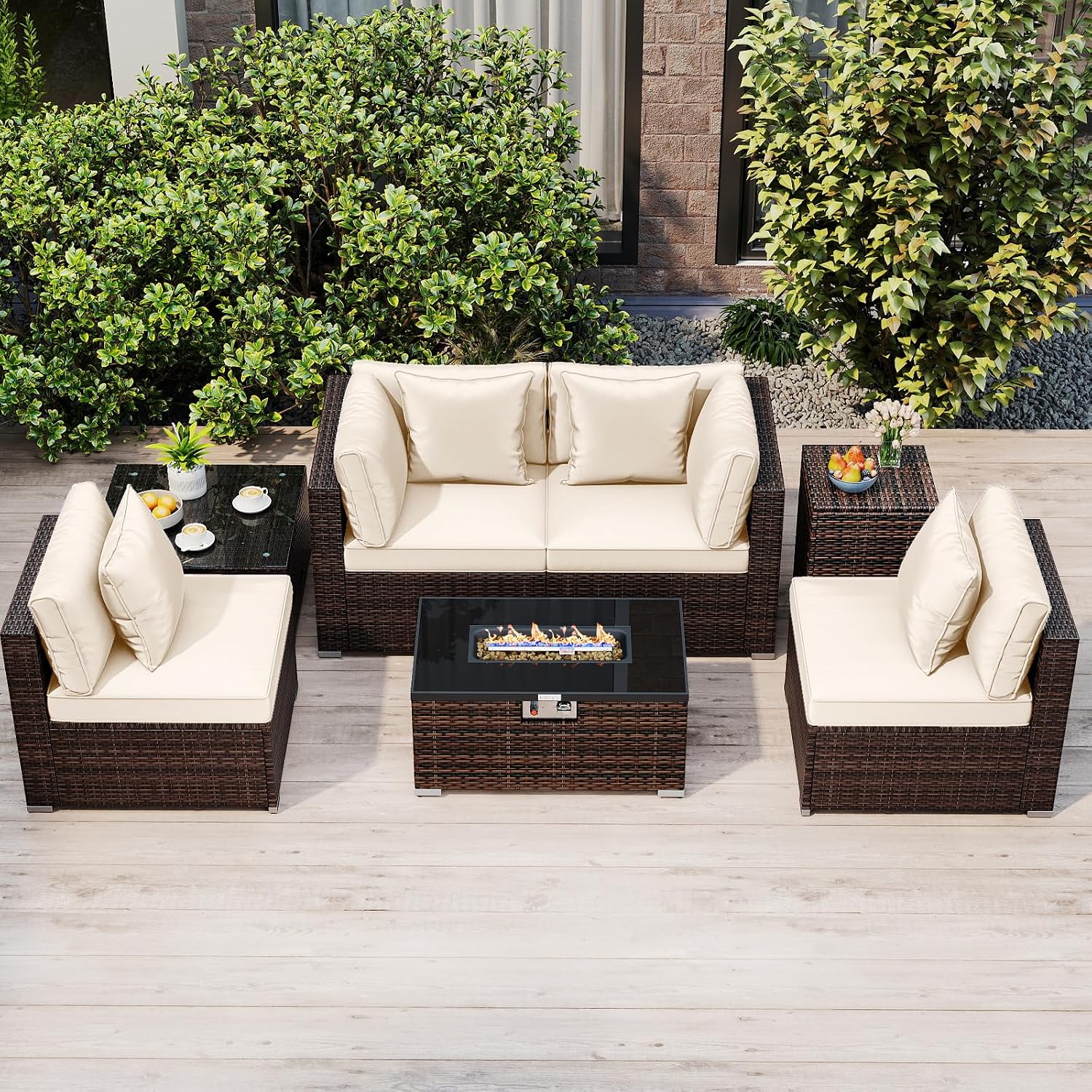 Tangkula 7 Pieces Wicker Patio Furniture Set with 40,000 BTU Gas Fire Pit Table & Propane Tank Cover Table & Glass Top Coffee Table, for Garden, Backyard and Poolside (Off White)