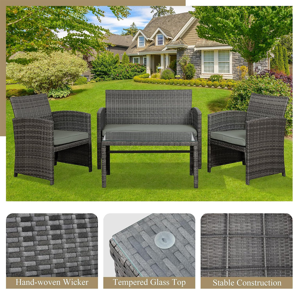 JAMFLY 4 Piece Outdoor Patio Furniture Set, Outdoor Wicker Rattan Chairs Conversation Sets with Cushions & Coffee Table for Outside, Garden, Balcony, Porch, Grey