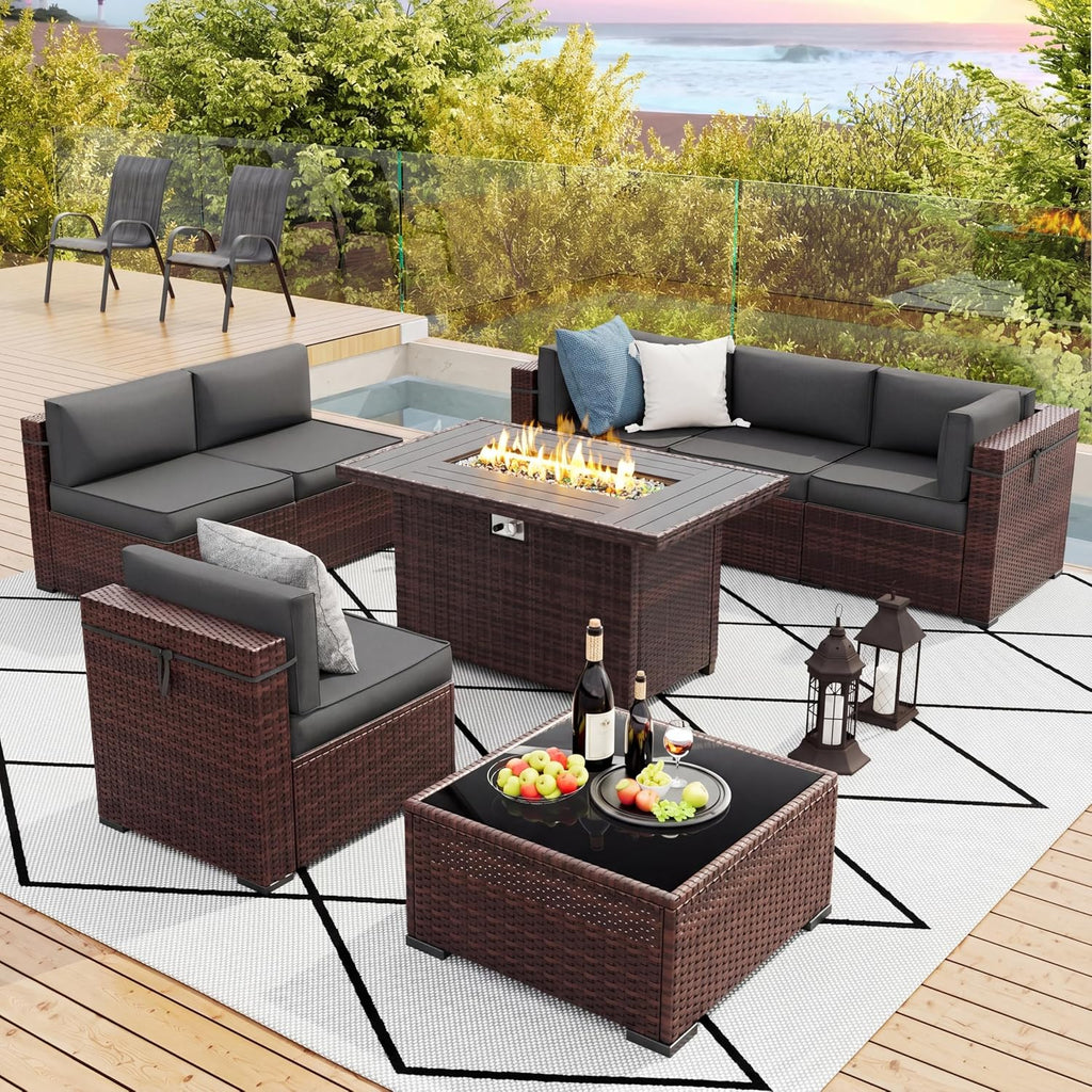 Amopatio 8 Pieces Patio Furniture Set with Fire Pit Table, Outdoor Sectional Conversation Sofa with Waterproof Cover, All-Weather Wicker for Garden, Backyard, Porch, Balcony(Dark Grey)